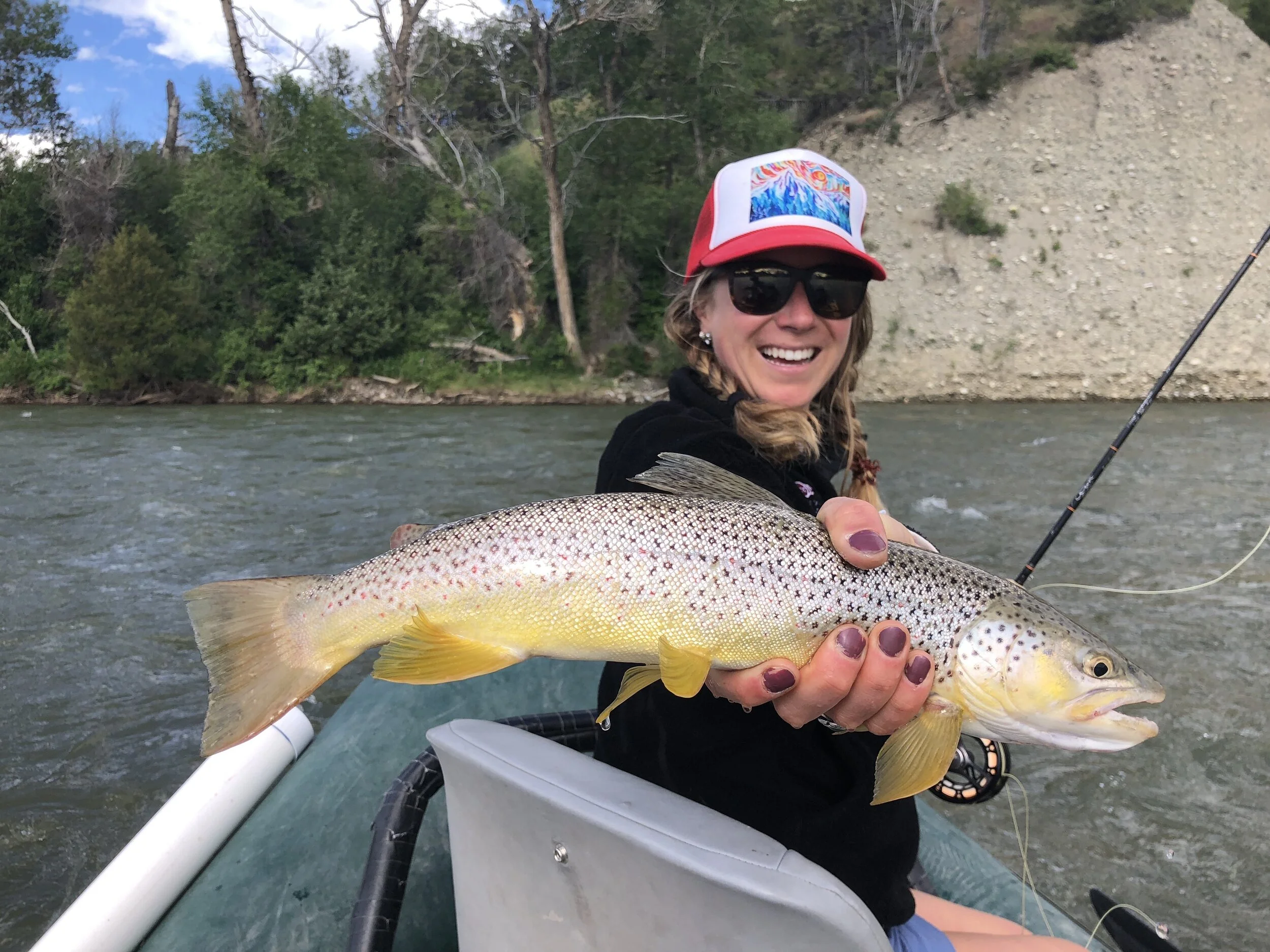 Molly with a great Yellowstone Brown caught on a Chubby/Rubby rig from Pine to Carters