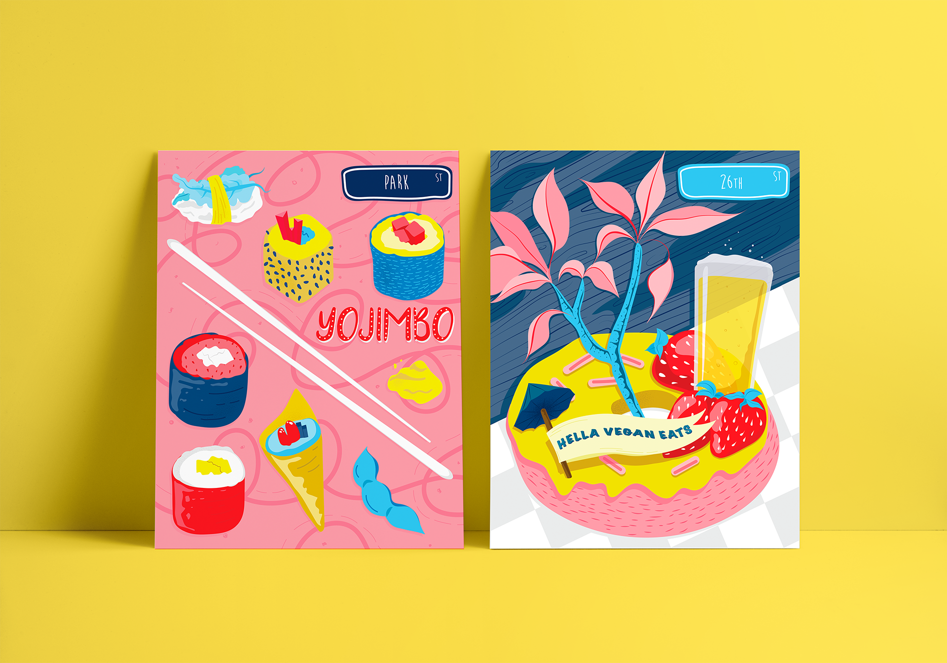  Concept, typography, and illustrations for a modern food and lifestyle magazine.   East Bay Eats — Vegan; selected vegan restaurants from the East Bay complete with graphic map and unique illustrations for each location.  