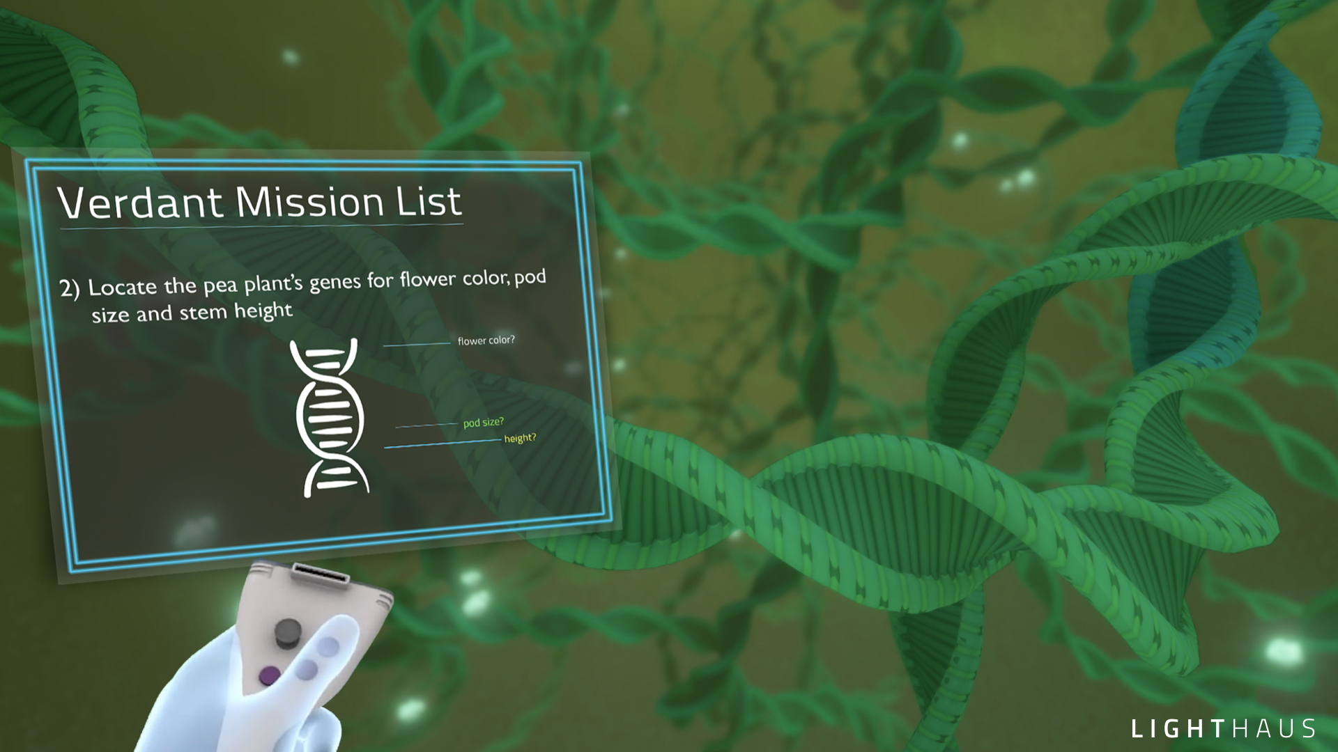 The view from inside the nucleus: A student has entered the pea plants nucleus and is exploring the plant's genome, looking for the locations of the seven traits. The student will perform some genetic substitutions that can offer clues to the relationship between the DNA and the plant's phenotype.