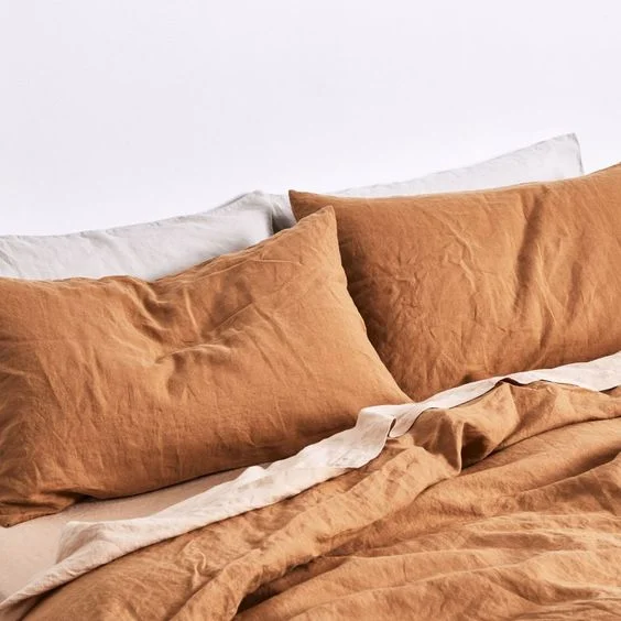 Tobacco and Nude bed linen.