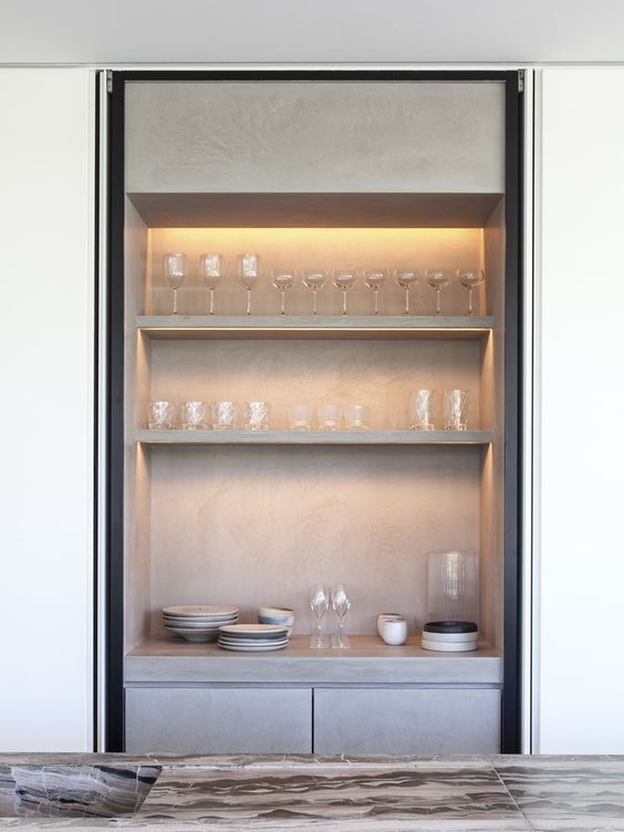 Pocket doors are a god send on pantries, they make circulation easy and make the space usable even with the doors open. 