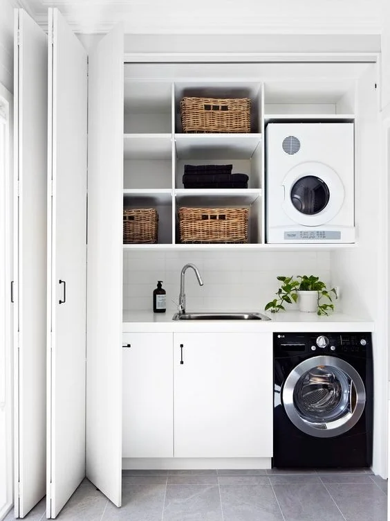 This is such a well organised, compact laundry! The bifold doors make the space easy to use and reach everything when open, and when they are closed the laundry completely disappears. I love that they have utilised every inch up to the ceiling and have maximum storage in such a small space.