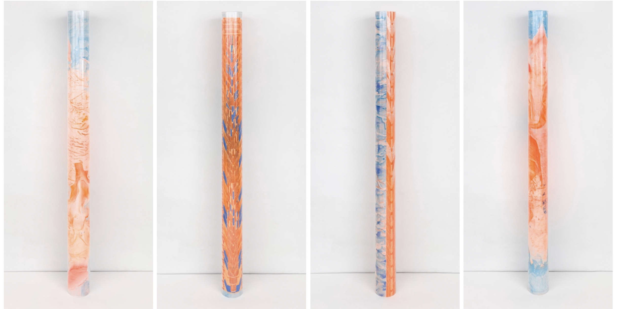   Urban Column #3,  Column,  Chinese Scroll Column  and  Urban Column #2  (Plexiglas tube, ink and colored pencil on Mylar, height 72", diameter 5.5").  Photo credit: Stan Narten  