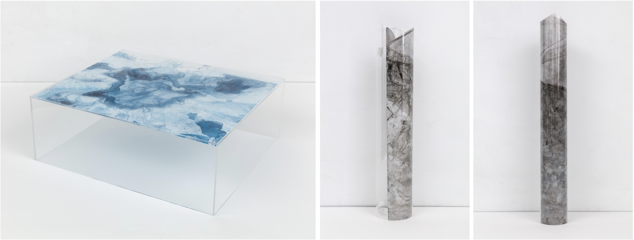   Water Stone , Plexiglas, ink on Mylar and  Untitled  Plexiglas tube, ink and colored pencil on Mylar.  Photo credit: Stan Narten  