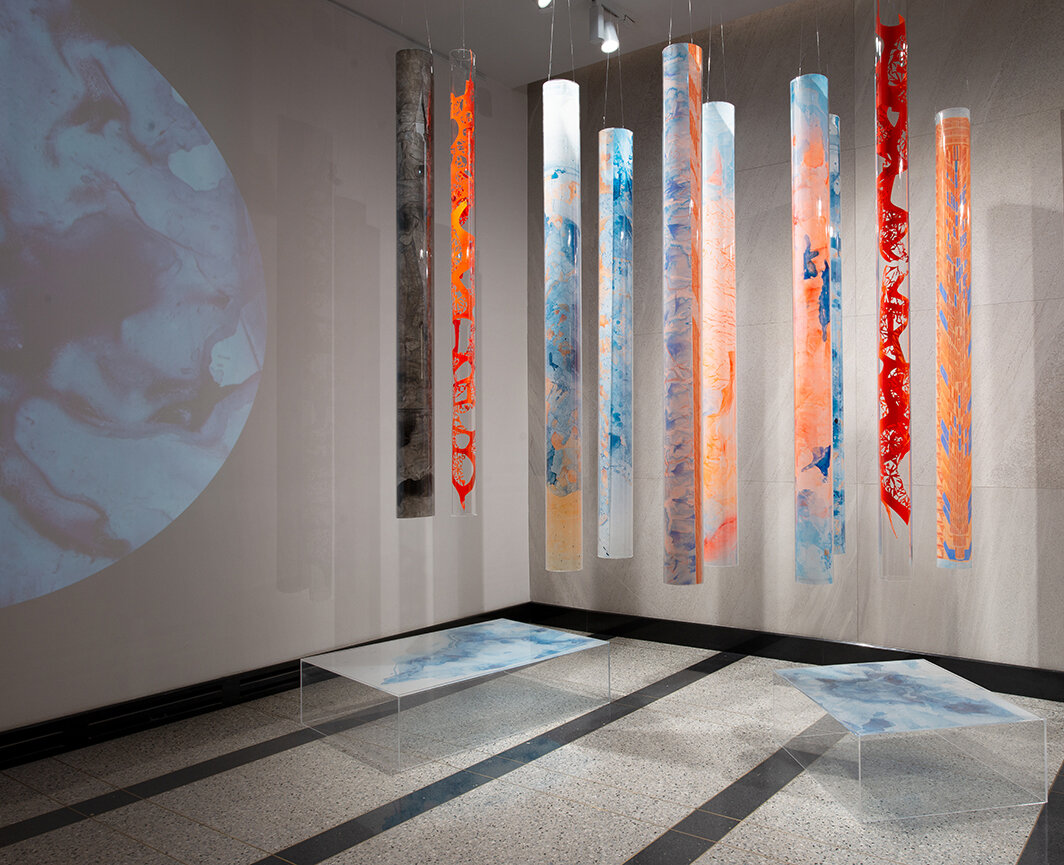  Installation view (detail), 2021, Plexiglas, ink on Mylar, video projection, variable dimensions. Photo credit: Kat Ryals 