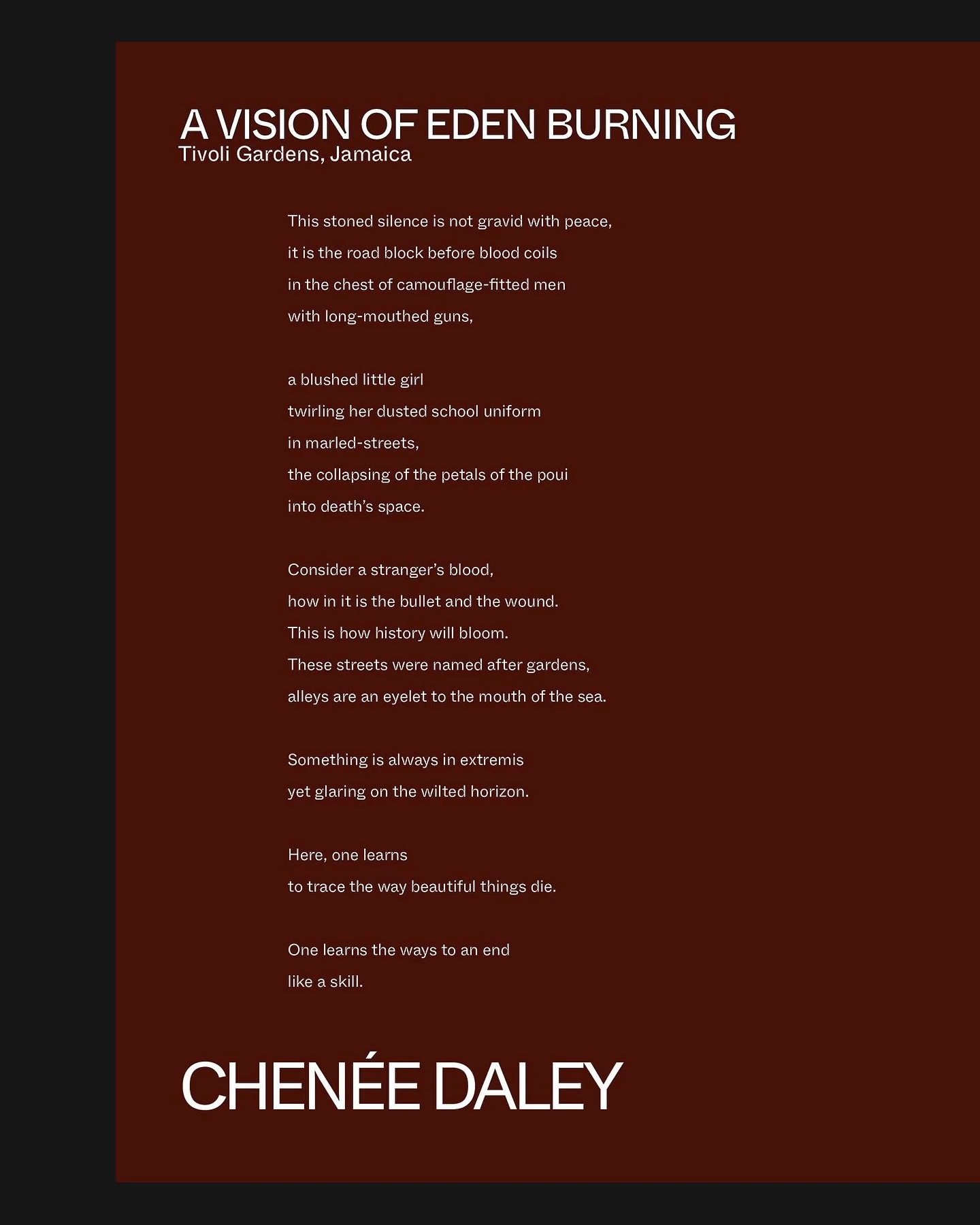 With two poems featured in Volume 07, Chen&eacute;e Daley 🇯🇲 (@cheneedaley) is a Jamaican-born, New York-based multi-genre writer whose work spans poetry, prose, and song. Rooted in tender narratives of personal histories, her writing explores the 