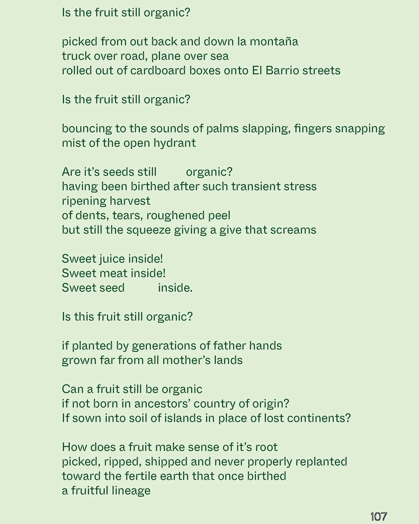 &ldquo;Organic&rdquo; by Kimberly-Fela 🇵🇷, an Afro-Puerto Rican poet whose work interrogates what survives forced displacement and what it costs.

Is this fruit still organic?

if planted by generations of father hands
grown far from all mother&rsq