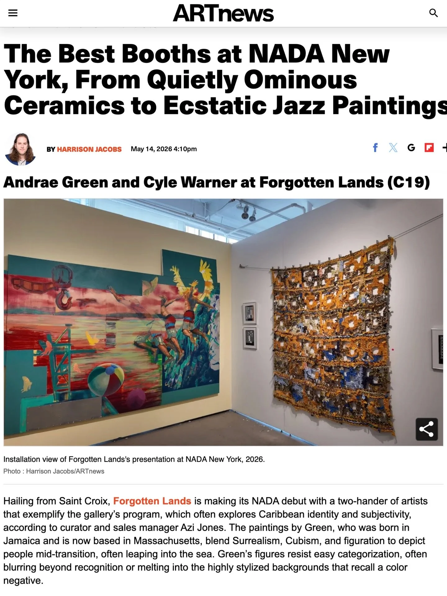 We&rsquo;re ecstatic to share that we&rsquo;ve been named one of the best booths at NADA New York 2026 by @artnews 🤩

Through a shared focus on personhood and memory, Andrae Green 🇯🇲 (@andraegreenstudios) and Cyle Warner 🇰🇳🇹🇹 (@cylewarner) tra