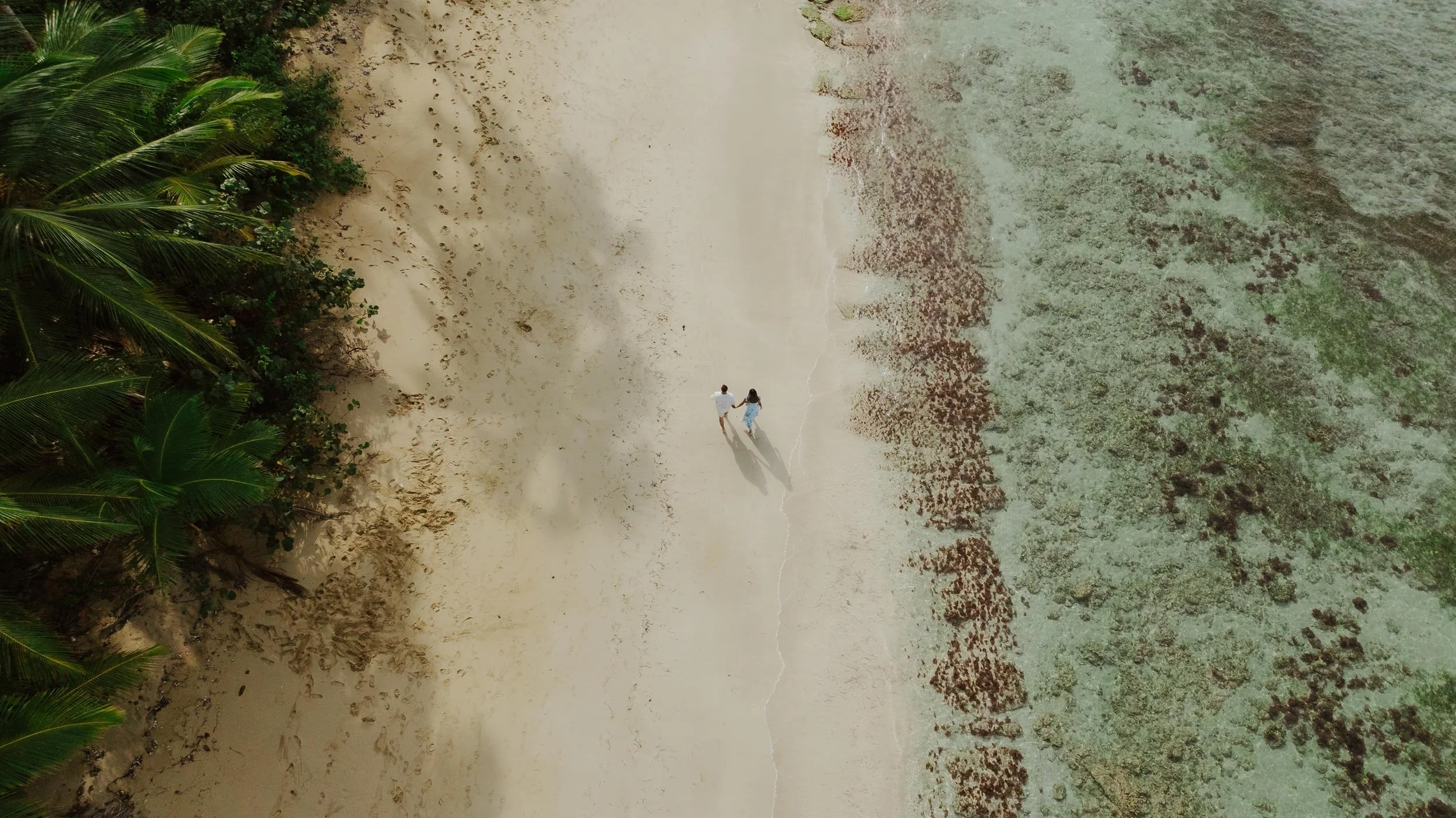 Drone aerial photo of a couple holding hand, to the left the turquoise water of Samana and to the right the palm beach and sand