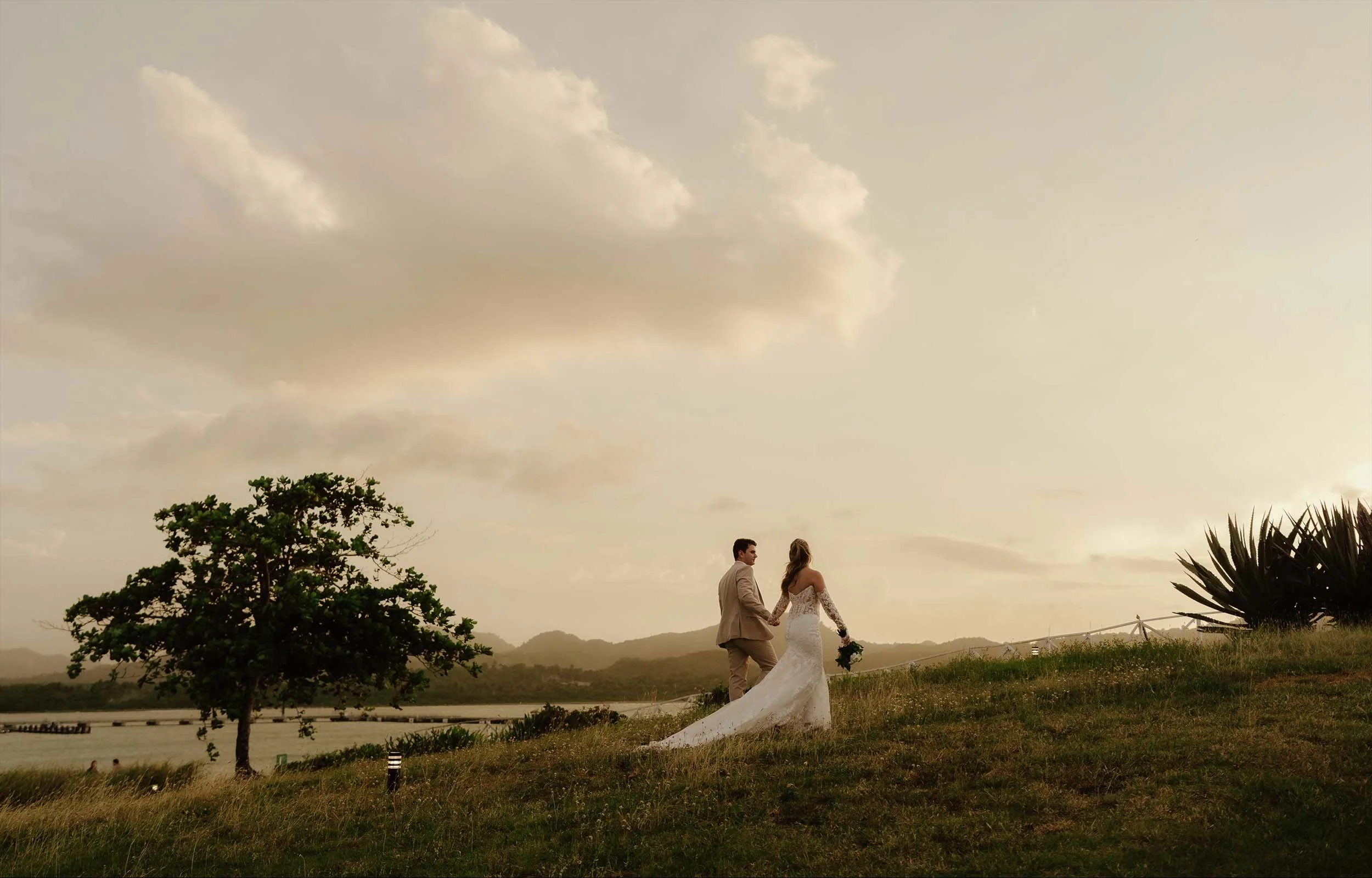 Bride and groom holding hands and walking down into a cliff. You can see the sky, the golden sunset, the sea and the mountains of Puerto Plata in the background