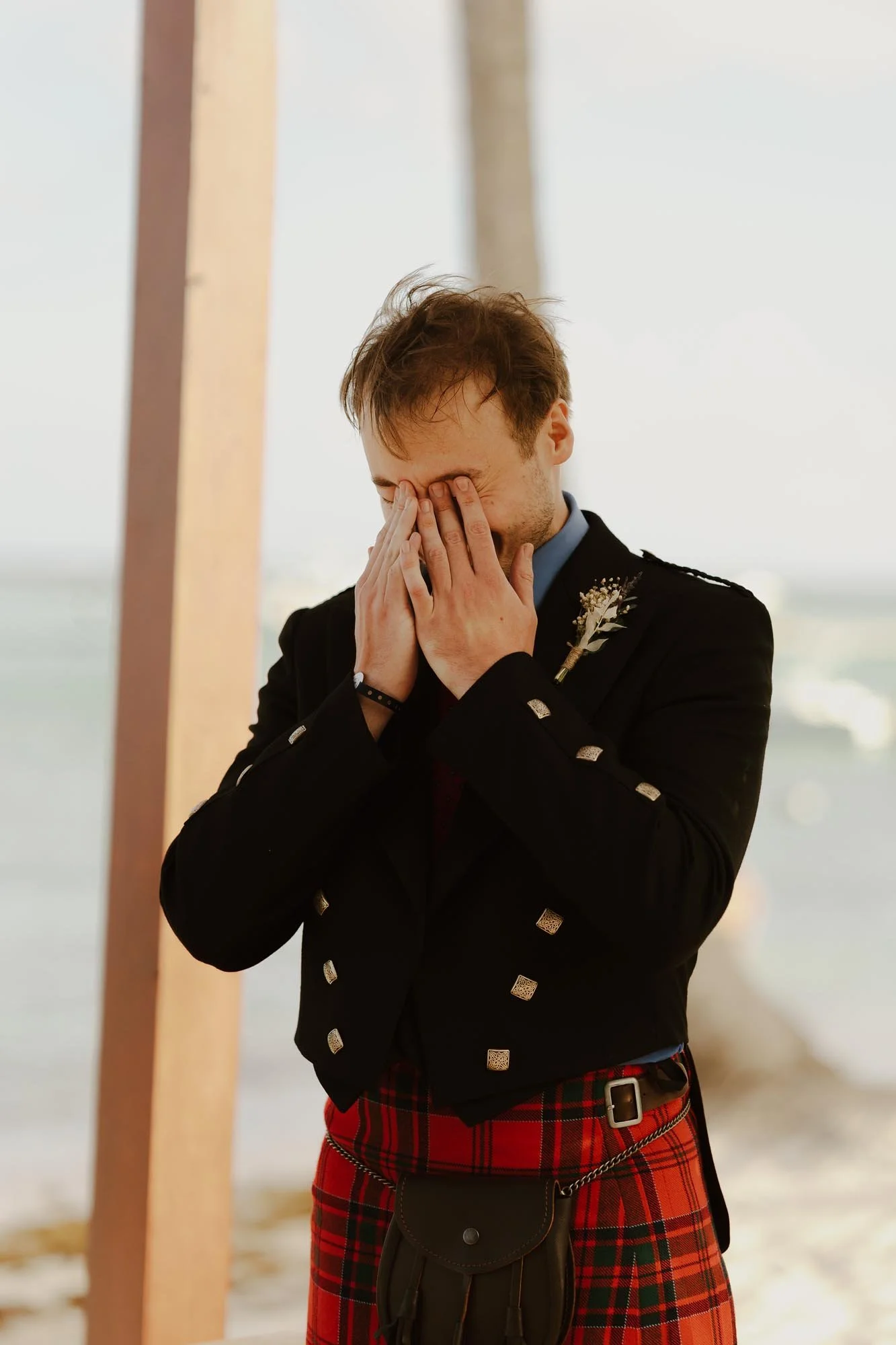 Groom emotional reaction to watching the bride in the ceremony Chez Bisutti Punta Cana Dominican Republic