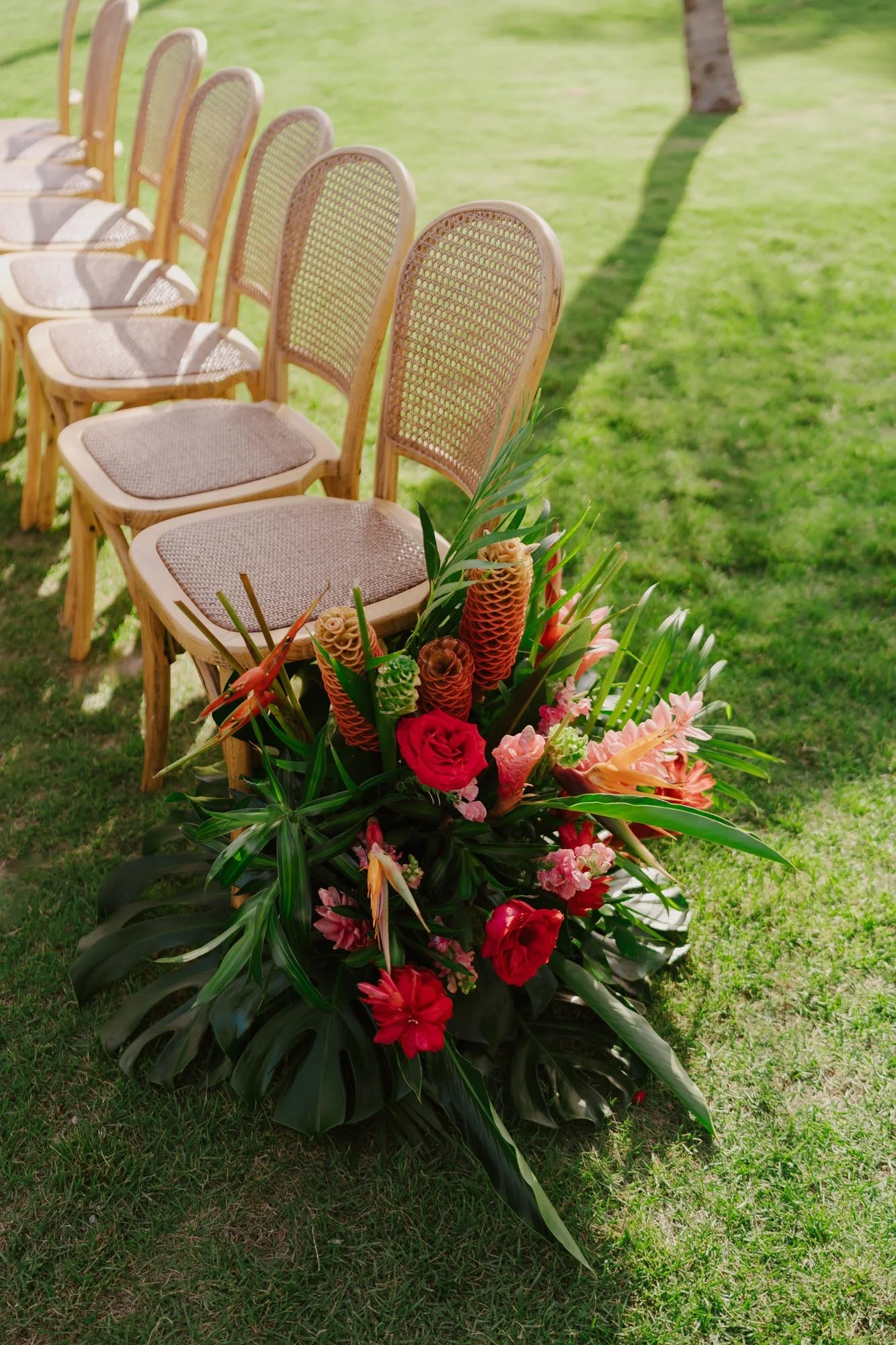 Flowers and tropical ceremony decoration close to the beach, full of greenery and tropical colors in Chez Bisutti Punta Cana Dominican Republic