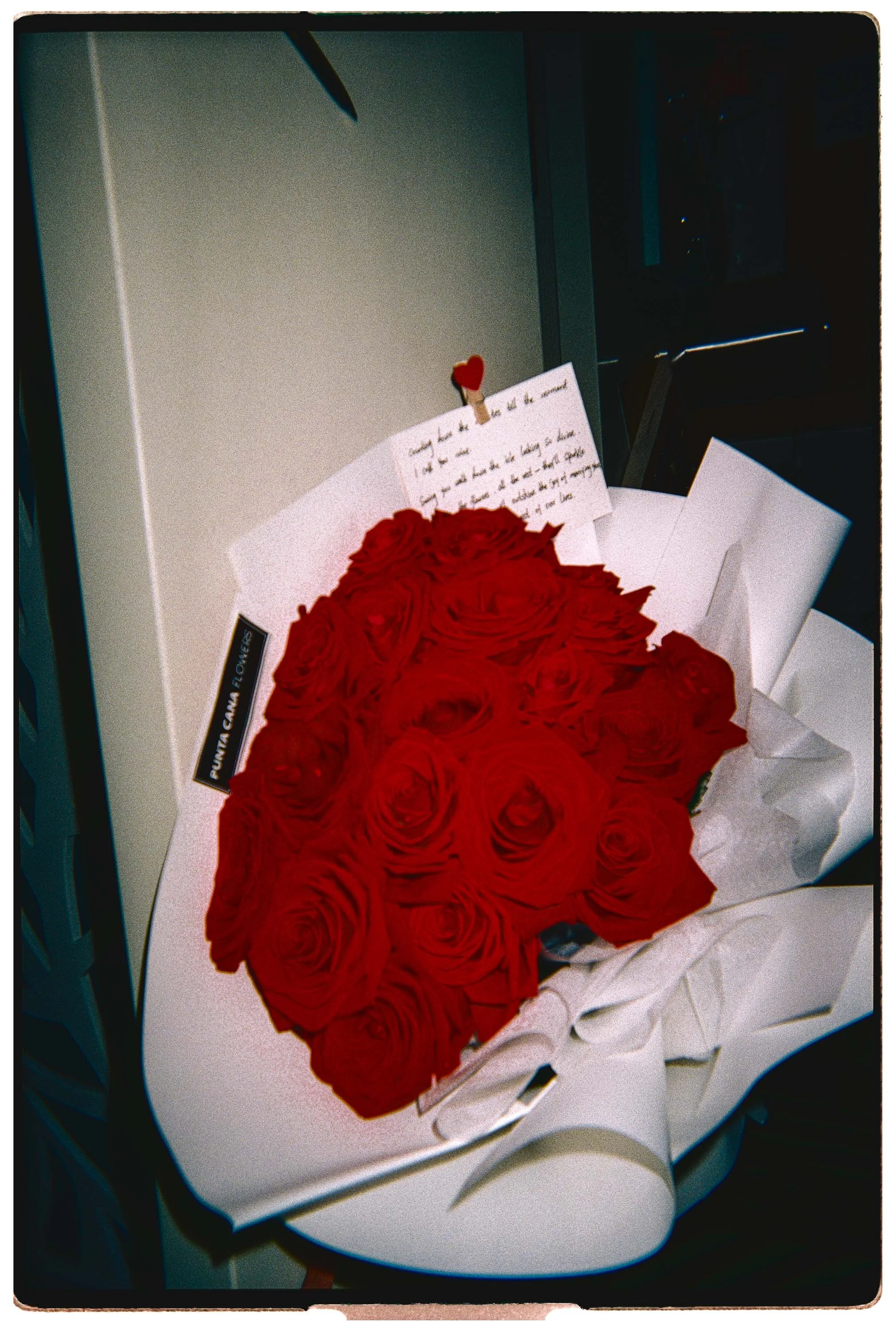 analogue photo of a red bouquet alongside a handwritten letter