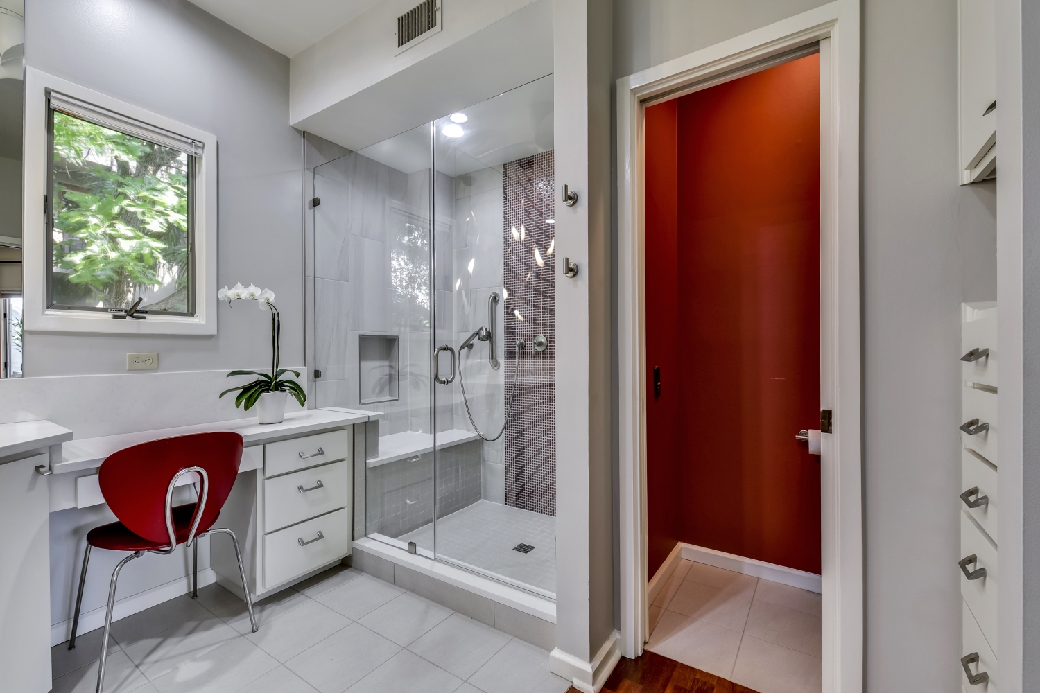 White Bathroom Interior Design with Red Accent Color