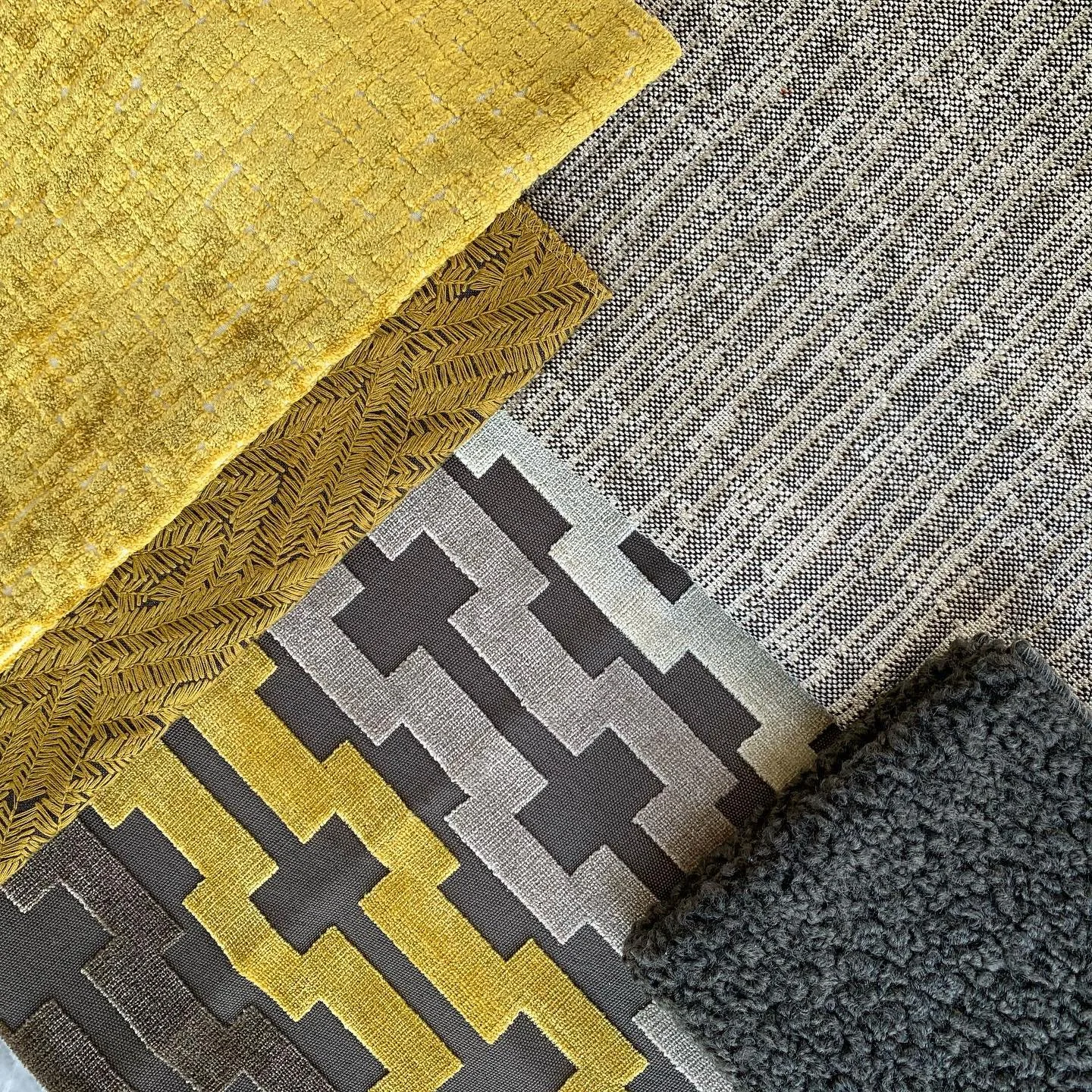 Yellow lichens on live oak bark is what comes to mind as we contemplate these textures. What do you think?
.
These welcoming and comfortable fabrics are being considered for the furniture in a Texas Hill Country Media Room. It&rsquo;s colors sing of 