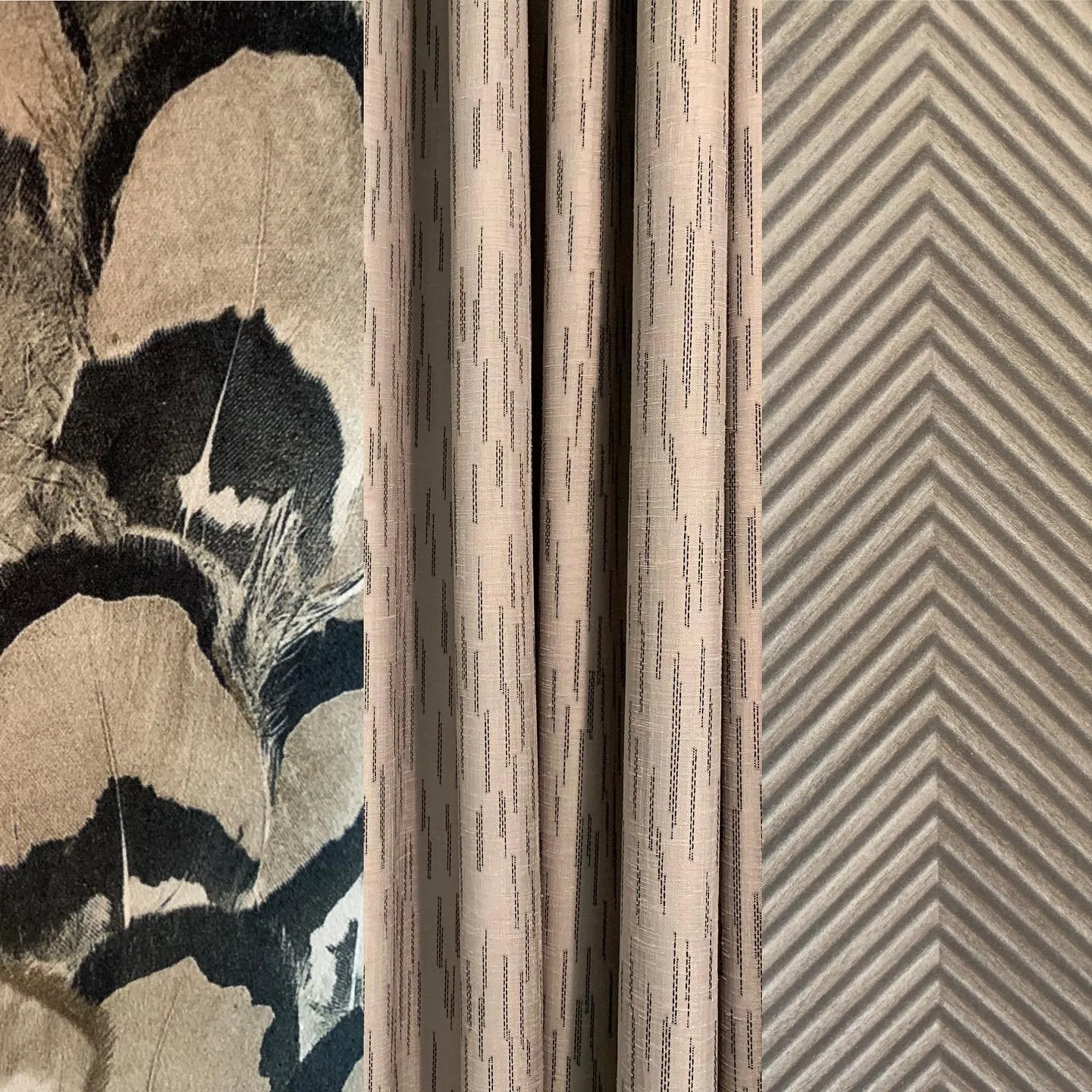 Unity of color. Three distinct materials, an over-scale pheasant feather print, a subtle drape accentuated with woven-in dashes, and a giant chevron wall tile play beautifully together in a North Austin remodel. . .  #austin #austindesign #unityofcol