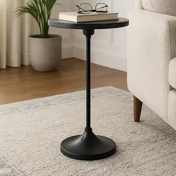 Side Table - Black Metal Pedestal Base Marble Top, 27 in.