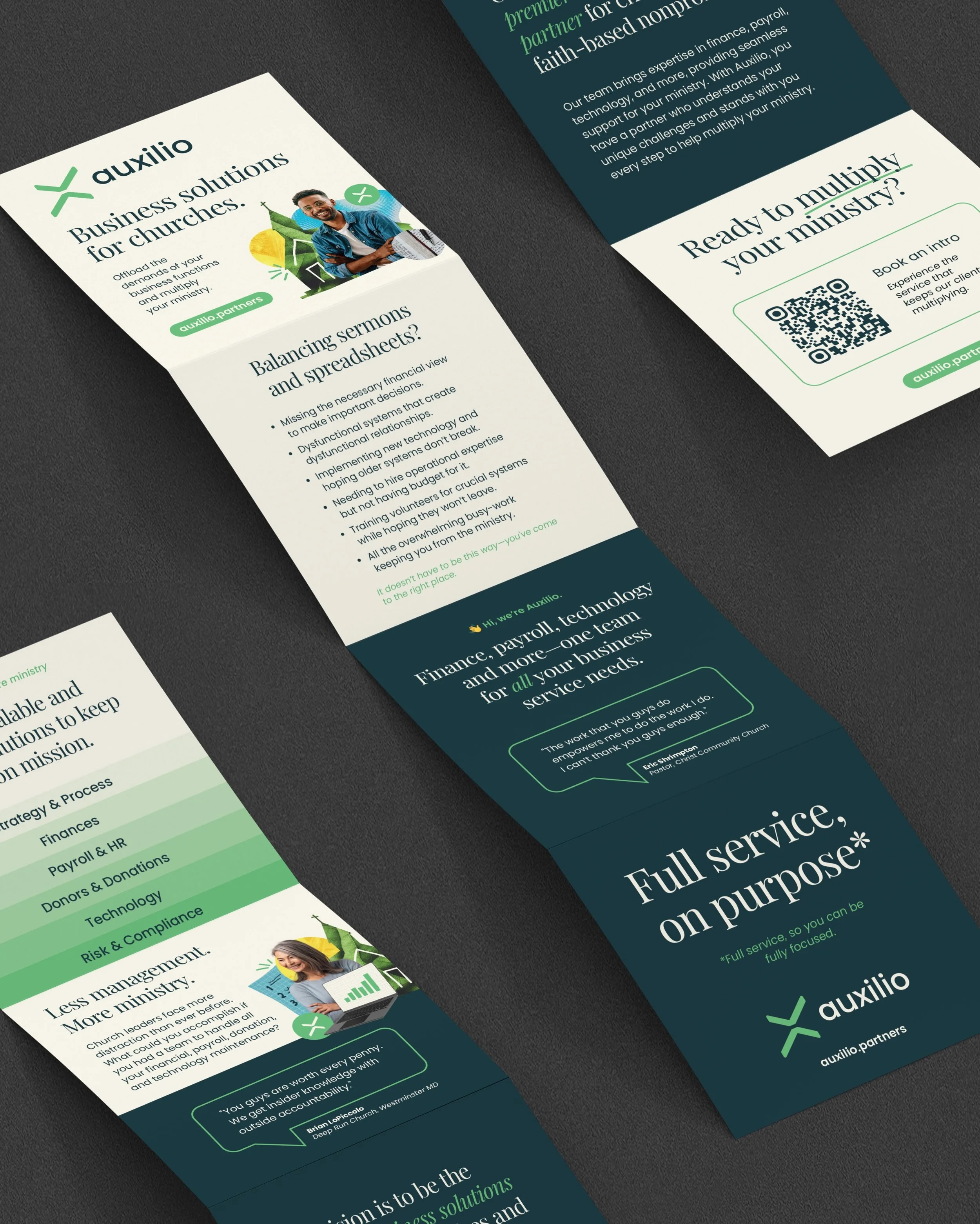 Even the smallest marketing collateral pieces should have big impact and big thought behind them. That&rsquo;s true with this brochure designed for Auxilio. This was the smallest deliverable created as part of a large brand identity engagement with A