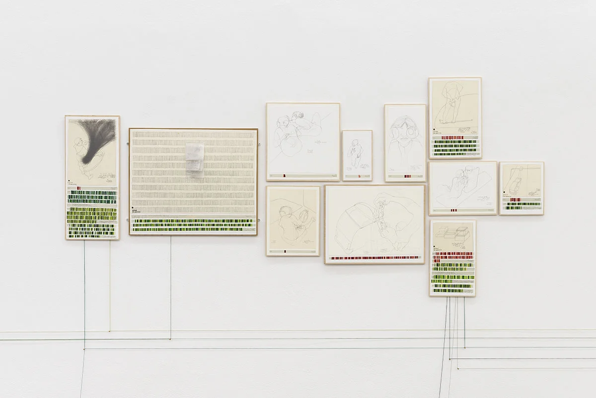 In this installation at Galerie Hubert Winter in Vienna, I decided to trace the connections between all of the drawings with string. Each drawing is connected to the other drawings that were sold at the same time and to the income panel that represents that money coming in from that sale. There are different shades of green so that the viewer can more easily trace the connections. Image courtesy of Galerie Hubert Winter, Vienna by Simon Veres.