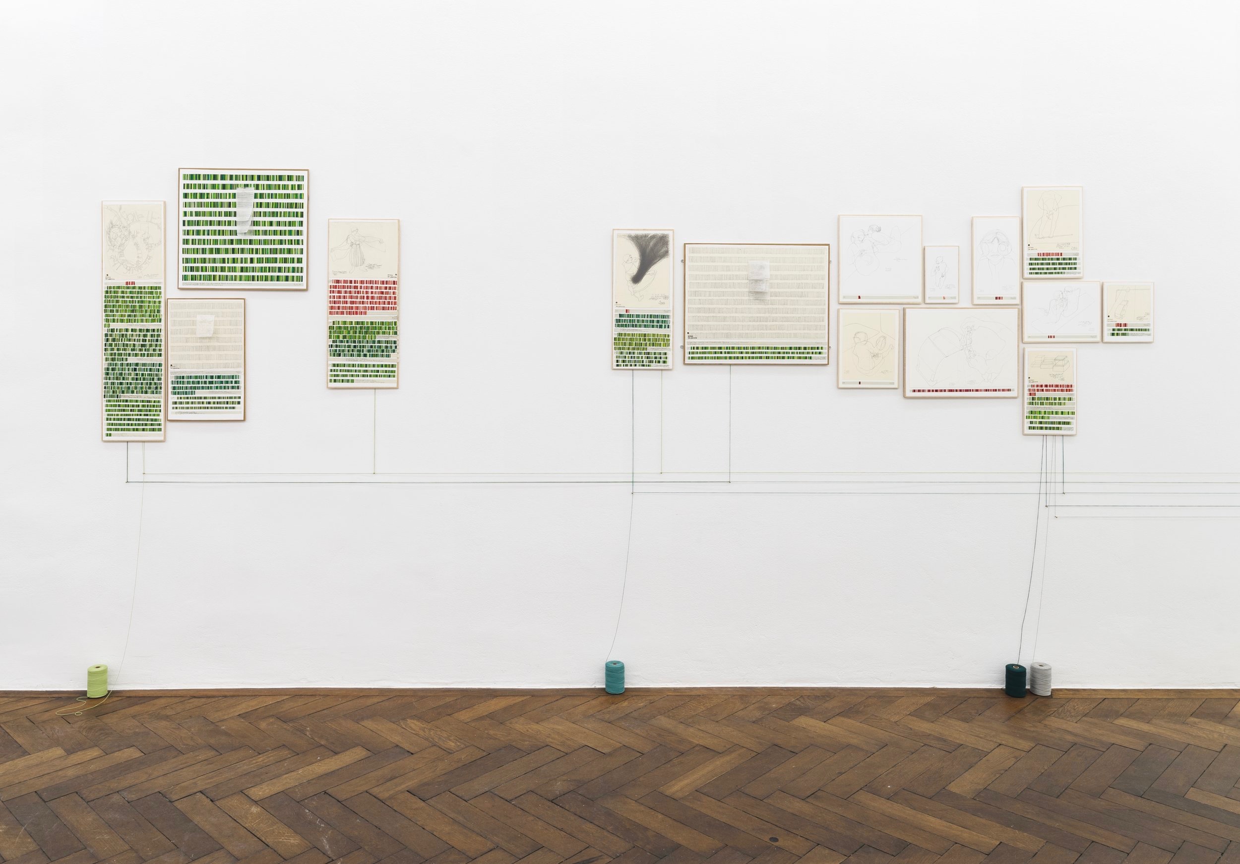 In this installation at Galerie Hubert Winter in Vienna, I decided to trace the connections between all of the drawings with string. Each drawing is connected to the other drawings that were sold at the same time and to the income panel that represe