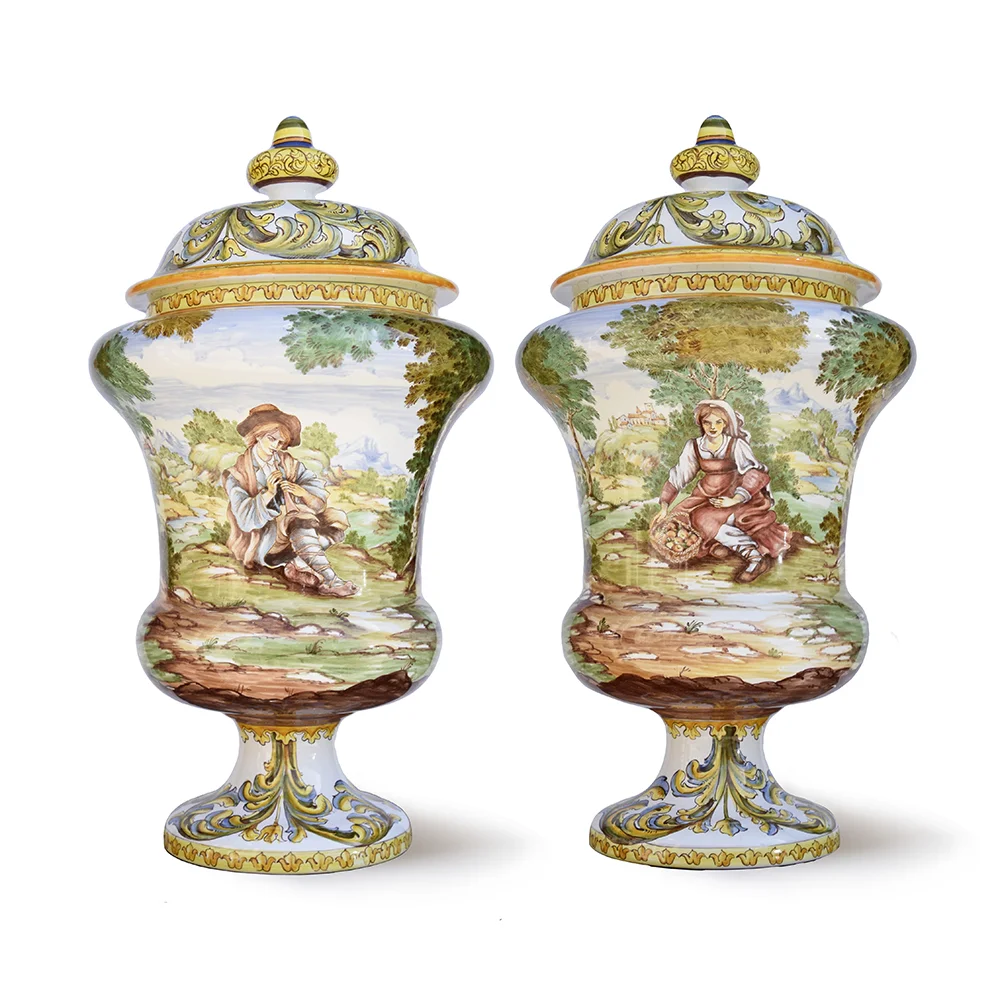 Albarello with landscape and figures (front and back view) – Height cm. 40 – High-fire Majolica (920 °C), lead-free glazing