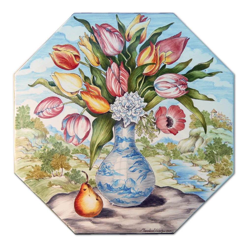 “Vaso in porcellana con tulipani e pera (omaggio a Giovanna Garzoni)”