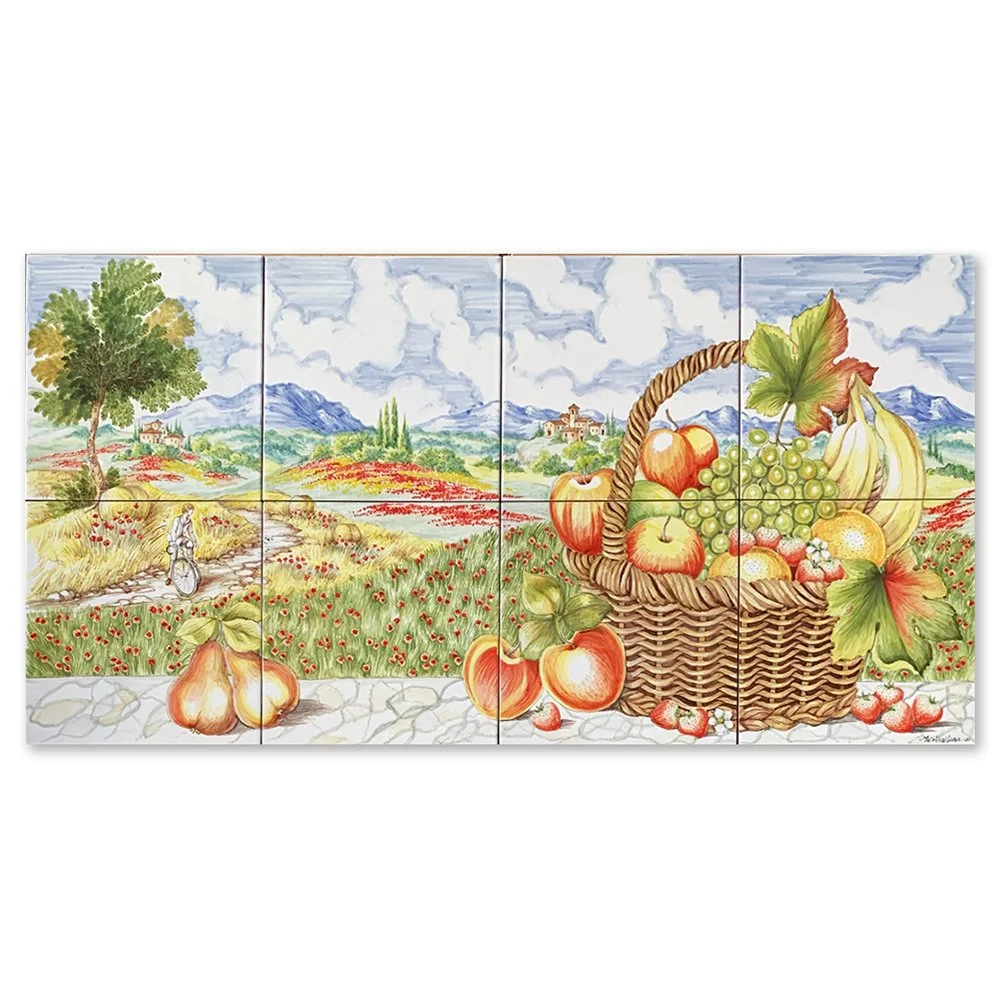 “Fruit Basket with Summer Landscape” (Large decorative panel)