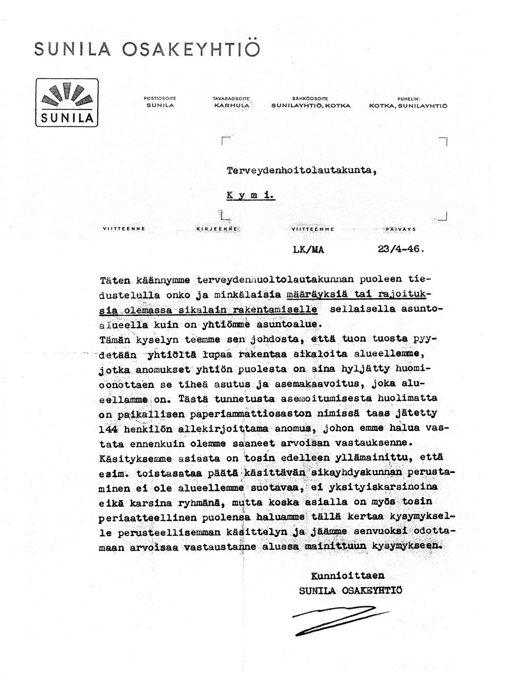 Sunila Oy:n kirje Kymin kunnallislautakunnalle koskien sikojen pitoa 23.4.1946.