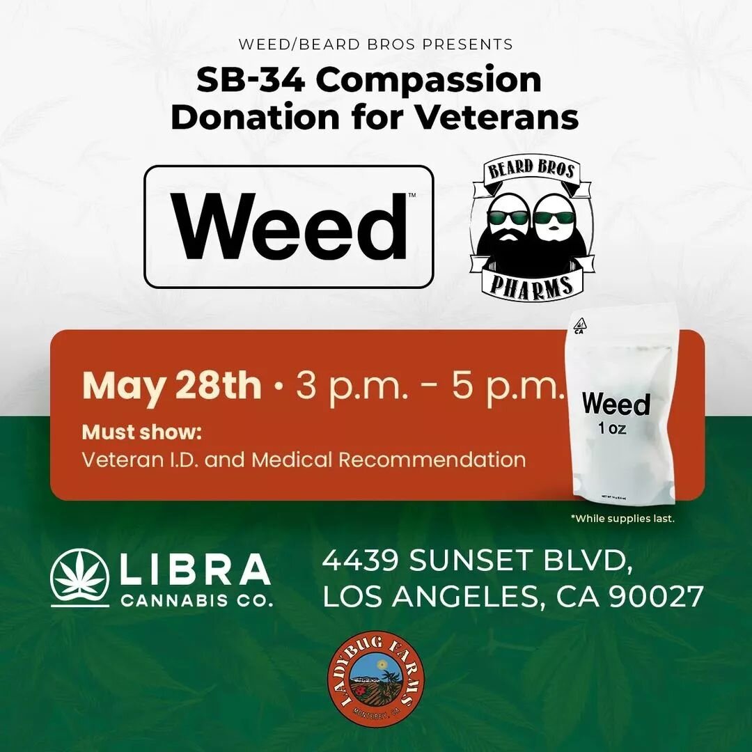 Reposted from @beardbrospharms This Saturday 3pm to 5pm.

We have been involved with donating cannabis to veterans since 2013. So when Evan from @scoresomeweed reached out and explained he had product, from @ladybug_farms , that they wanted to donate