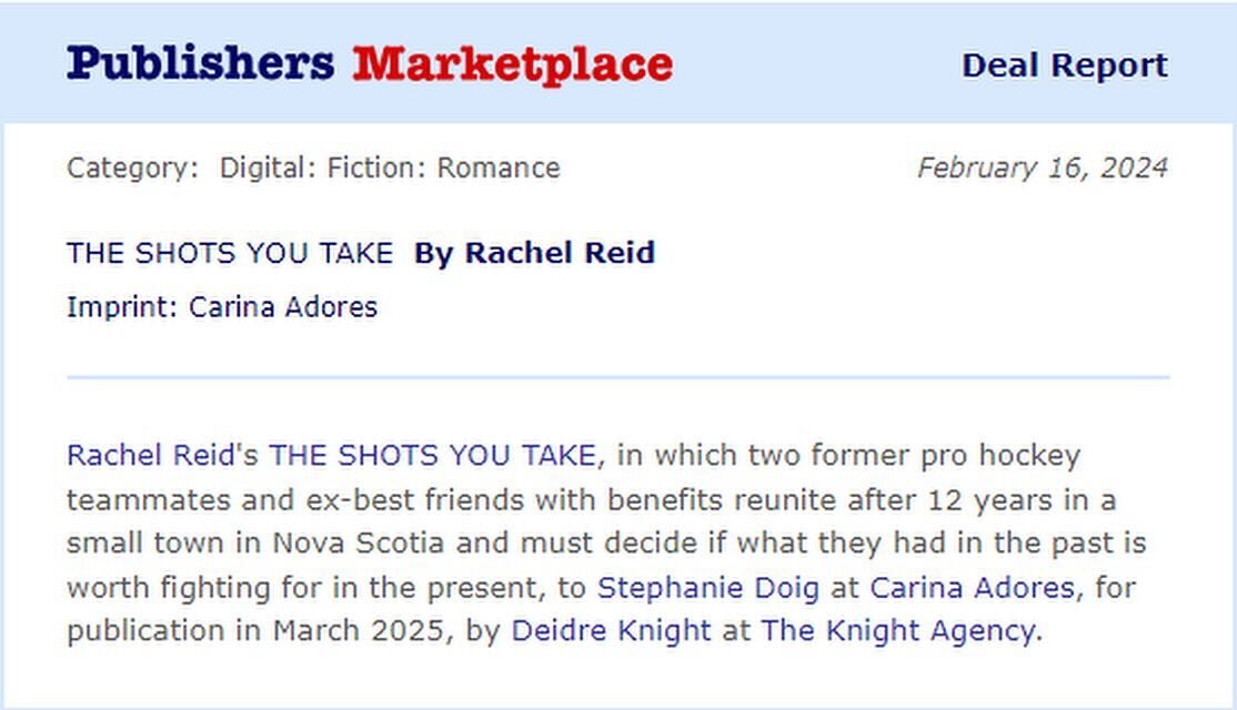 It&rsquo;s official! My next standalone novel, THE SHOTS YOU TAKE, will be released by Carina in March, 2025. I&rsquo;m really enjoying writing this one. 🩷🏒