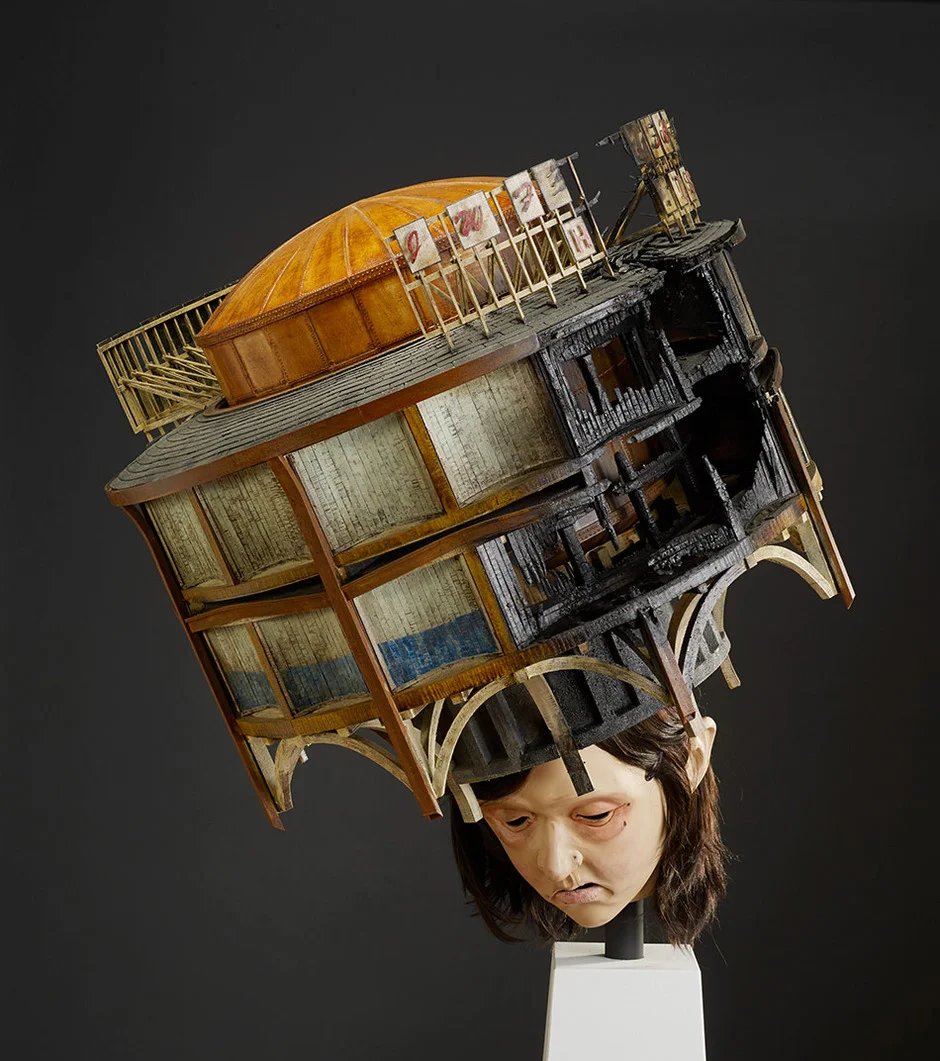 Promontory , 2013, pine, basswood, poplar, plywood, veneer, bendable plywood, steel luan, human hair, various polychrome, 42" x 42" x 44"