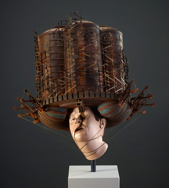 The Haunt, 2014, basswood, poplar, steel, bending plywood, resin, rope, human hair, various polychrome, 44" x 22" x 20"