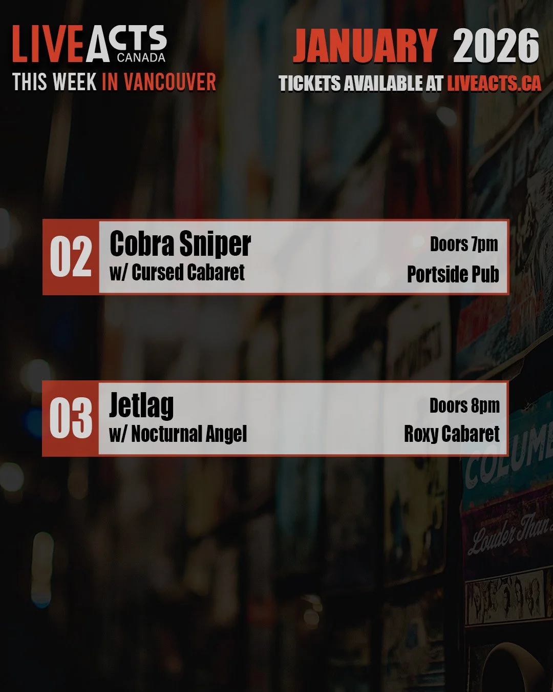 THIS WEEK IN VANCOUVER:
#cobrasniper #cursedcabaret #jetlag #nocturnalangel #livemusic #liveactscanada #vtixonline #liveacts #vancouver #vancouvermusic #portsidepub #roxycabaret