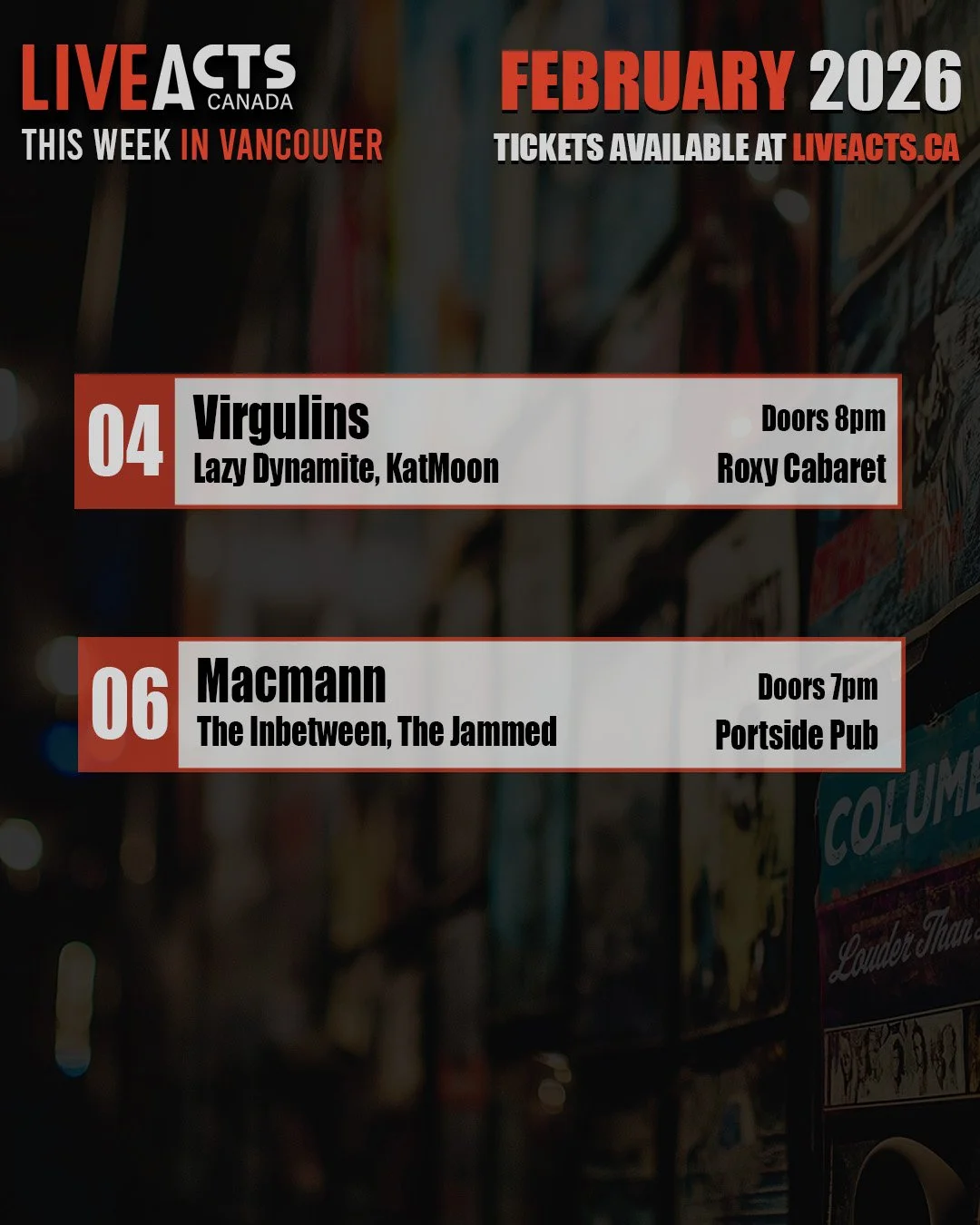 THIS WEEK IN VANCOUVER: 
#virgulins #lazydynamite #katmoon #macmann #theinbetween #thejammed #livemusic #roxycabaret #portsidepub #liveacts #liveactscanada #vancouver #vancouvermusic
