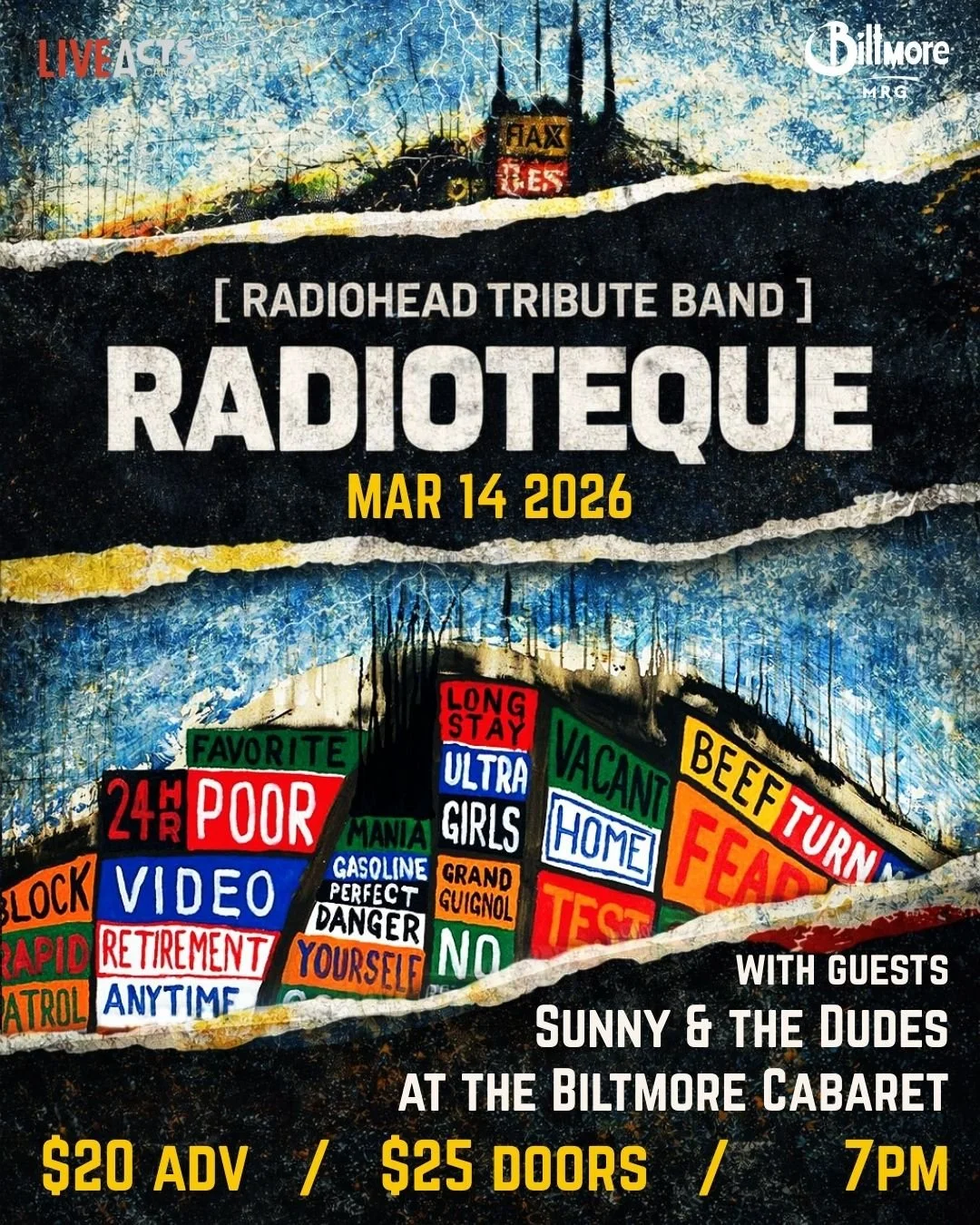 Live Acts and Biltmore Cabaret Presents Radioteque - Radiohead Tribute Band, with special guest Sunny and the Dudes, Saturday March 14th! Doors 7pm. Tickets available now at liveacts.ca or in bio.

#radioteque #sunnyandthedudes #biltmorecabaret #live