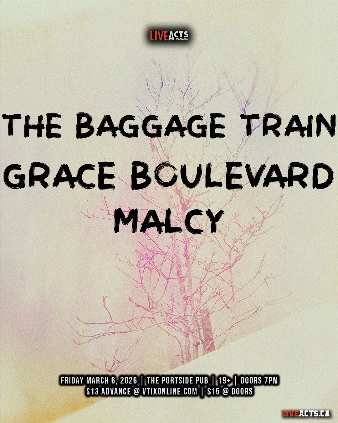 Live Acts and Portside Pub Presents The Baggage Train w/ Grace Boulevard, Malcy, Friday March 6th! Doors 7pm. Tickets available at liveacts.ca or in bio.

#thebaggagetrain #graceboulevard #malcy #liveacts #portsidepub #vancouvermusic