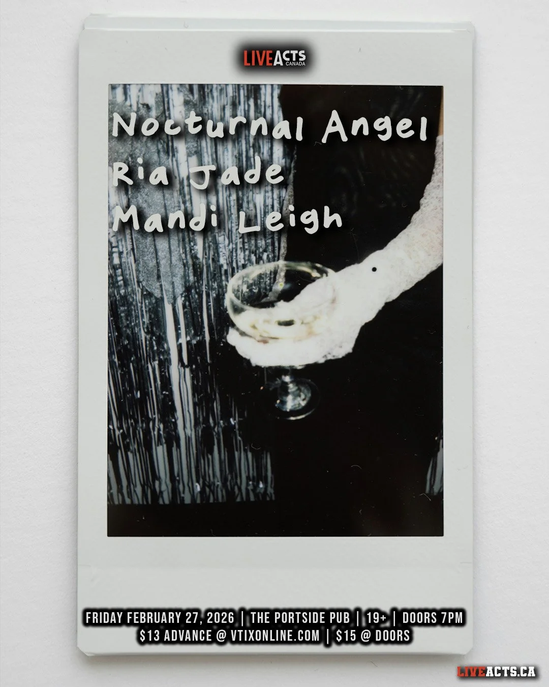 TONIGHT: Live Acts and Portside Pub Presents Nocturnal Angel w/ Ria Jade, Mandi Leigh, Friday February 27th! Doors 7pm. Tickets available at liveacts.ca or in bio.

#nocturnalangel #riajade #mandileigh #LiveActs #portsidepub #vtix #vancouvermusic