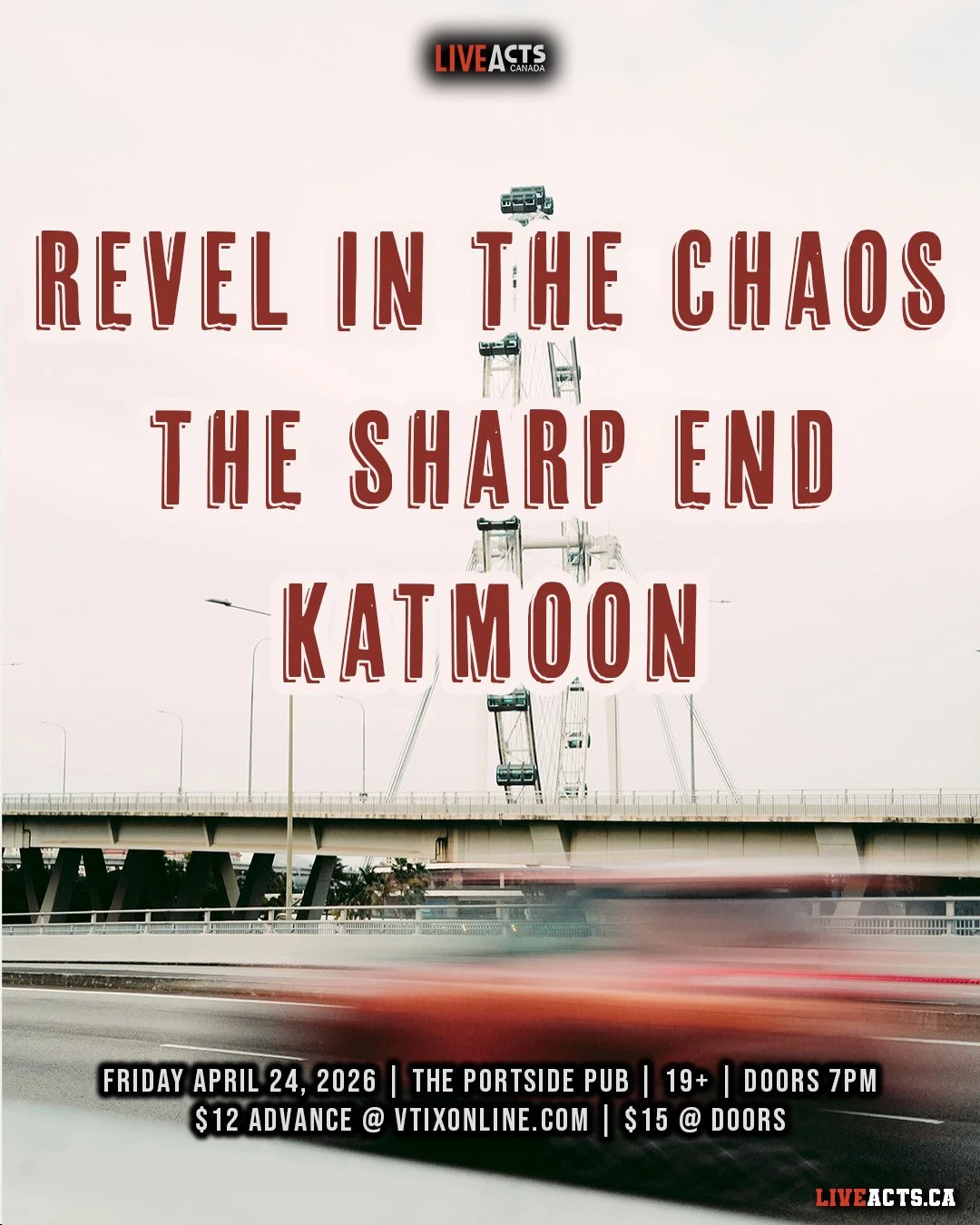 Live Acts and Portside Pub Presents Revel in the Chaos w/ The Sharp End, KatMoon, Friday April 24th! Doors 7pm. Tickets available at liveacts.ca or in bio. 

#revelinthechaos #thesharpend #katmoon #LiveActs #portsidepub #vancouvermusic