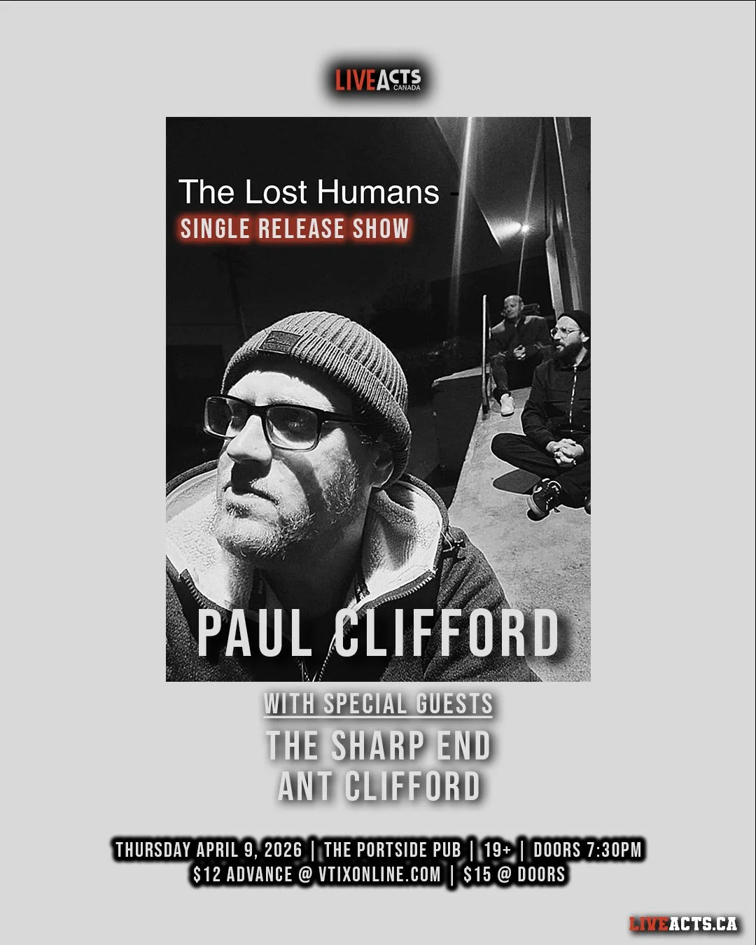 TONIGHT: Live Acts and Portside Pub Presents Paul Clifford w/ The Sharp End, Ant Clifford, Thursday April 9th! Doors 7:30pm. Tickets available at liveacts.ca or in bio. 

#paulclifford #thesharpend #antclifford #LiveActs #portsidepub #vancouvermusic