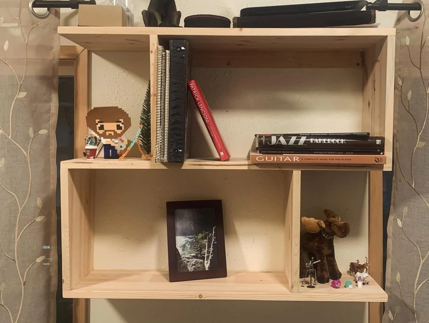 Continuing in the mid-century modern theme, I made a new shelf for the studio.  Yes, the shelves get deeper as they go up.  And yes, that is Bob Ross. 😊 #midcenturymodern #diy #woodworking #woodworker #woodworkerlife