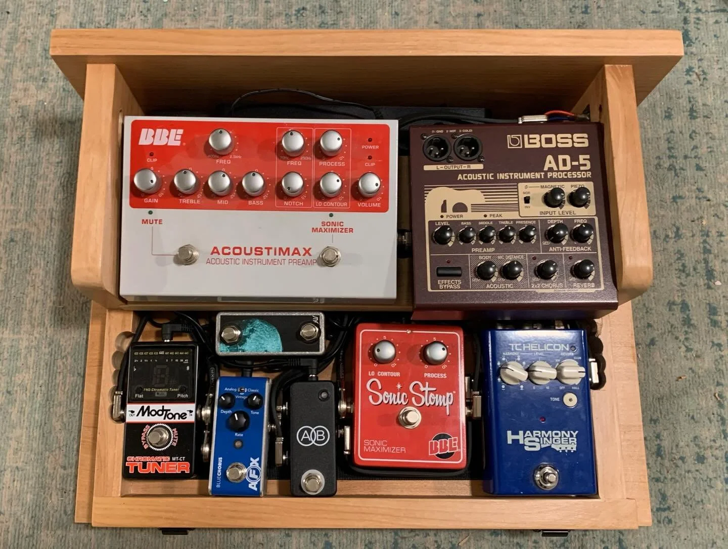 After years of different formats and ideas, I think I&rsquo;ve landed on a good, gig ready, and durable pedalboard solution.  I made this out of alder.  The inputs and outputs are wired into the board, along with the power switch.  It has dual output