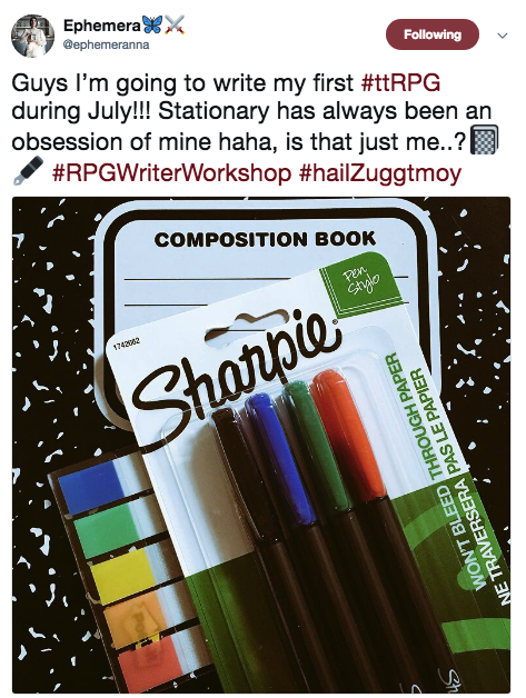 Anna, one of our awesome RPG Writer Workshop participants, enjoys notebooks and pens! (@ephemeranna on Twitter.)