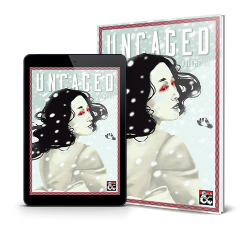 Cover of Uncaged overlayed on tablet and hardcover book mockup.