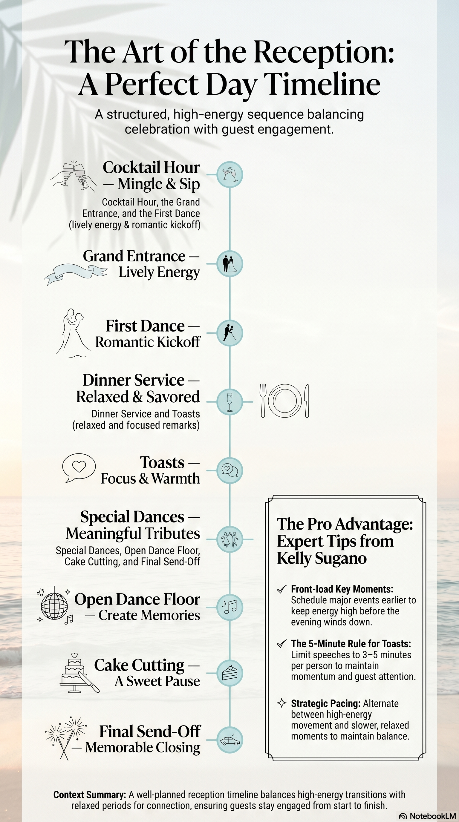 Infographic of an Oahu Wedding Reception Timeline by A Perfect Day Hawaii, detailing a structured sequence from cocktail hour to final send-off with expert planning tips by Kelly Sugano.