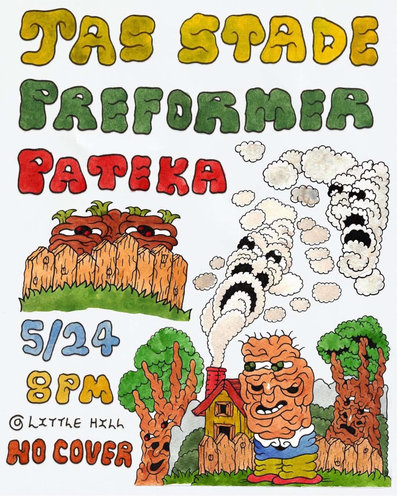 Tickle yourself silly with an evening at Little Hill Lounge! May 24th - free show 🌷 You will enjoy:
Brain-benders Pateka
String-tickler Jas Stade 
AND warmly welcome the exquisite-crafters: Preformer from LA 🌷
Flyer by @the.marooned
