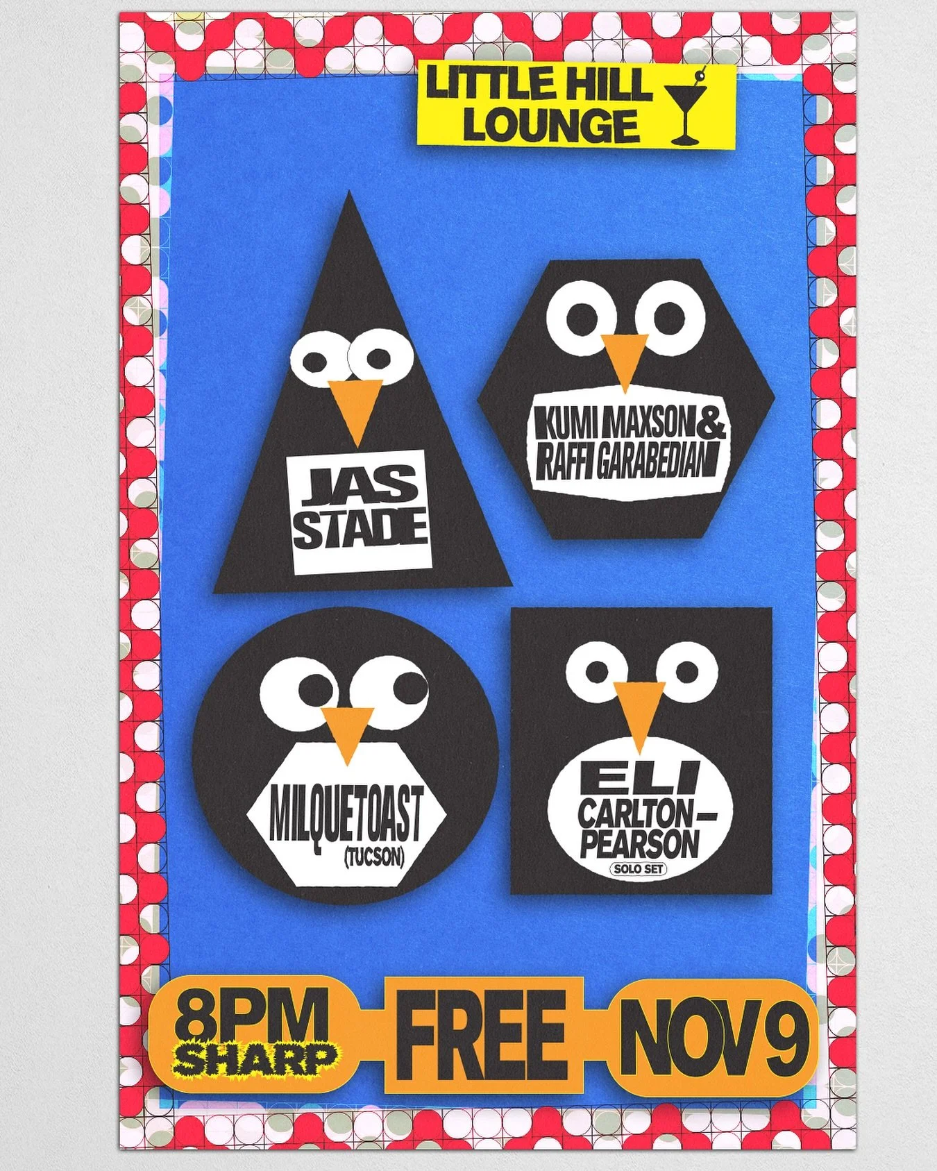 November 9! Come get cozy on a Sunday eve at Little Hill Lounge 🍸 Three solo sets &amp; one duo, many notes will be played 🍸 
Flyer by @dookieshuffle