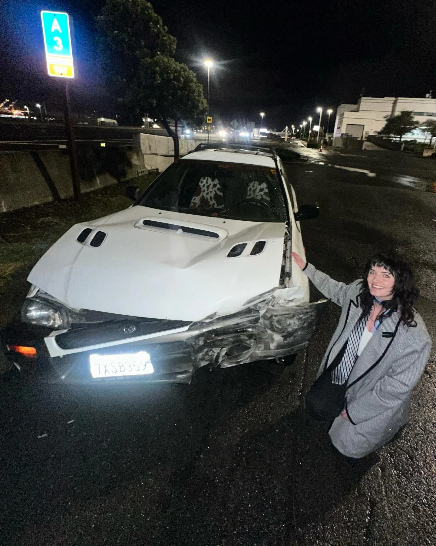 Two weeks ago, after driving home from my first show with @dantalked (a new project!), I hit a puddle on the freeway, and found myself in an incredibly scary hydroplaning car accident, hitting both sides of the elevated highway and totaling my belove