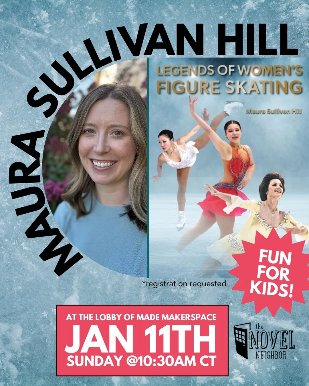 A flyer advertising an event for the book Legends of Women's Figure Skating, with a picture of the book cover and the author.