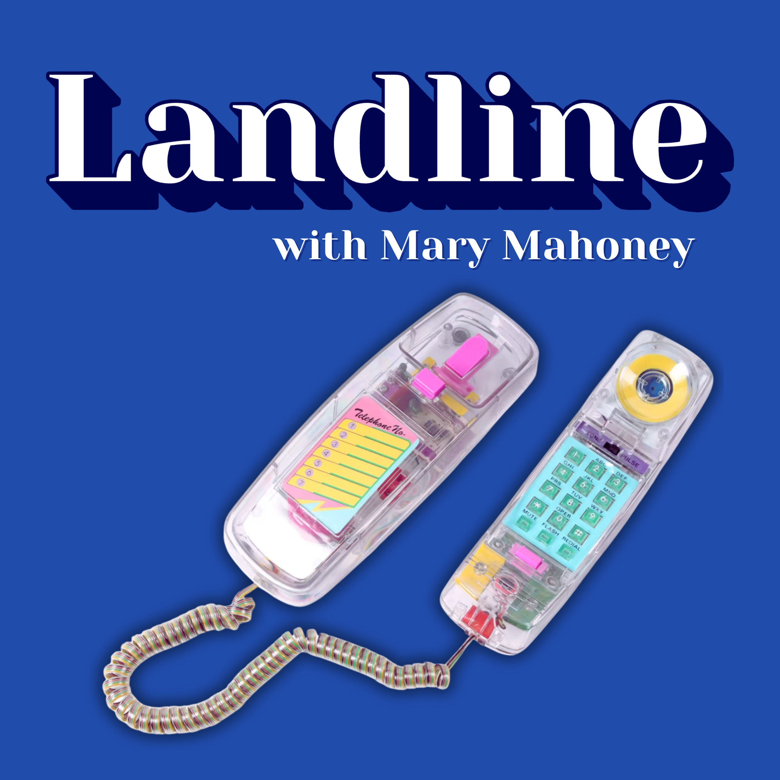 The word landline on a blue background with a '90s style corded phone.