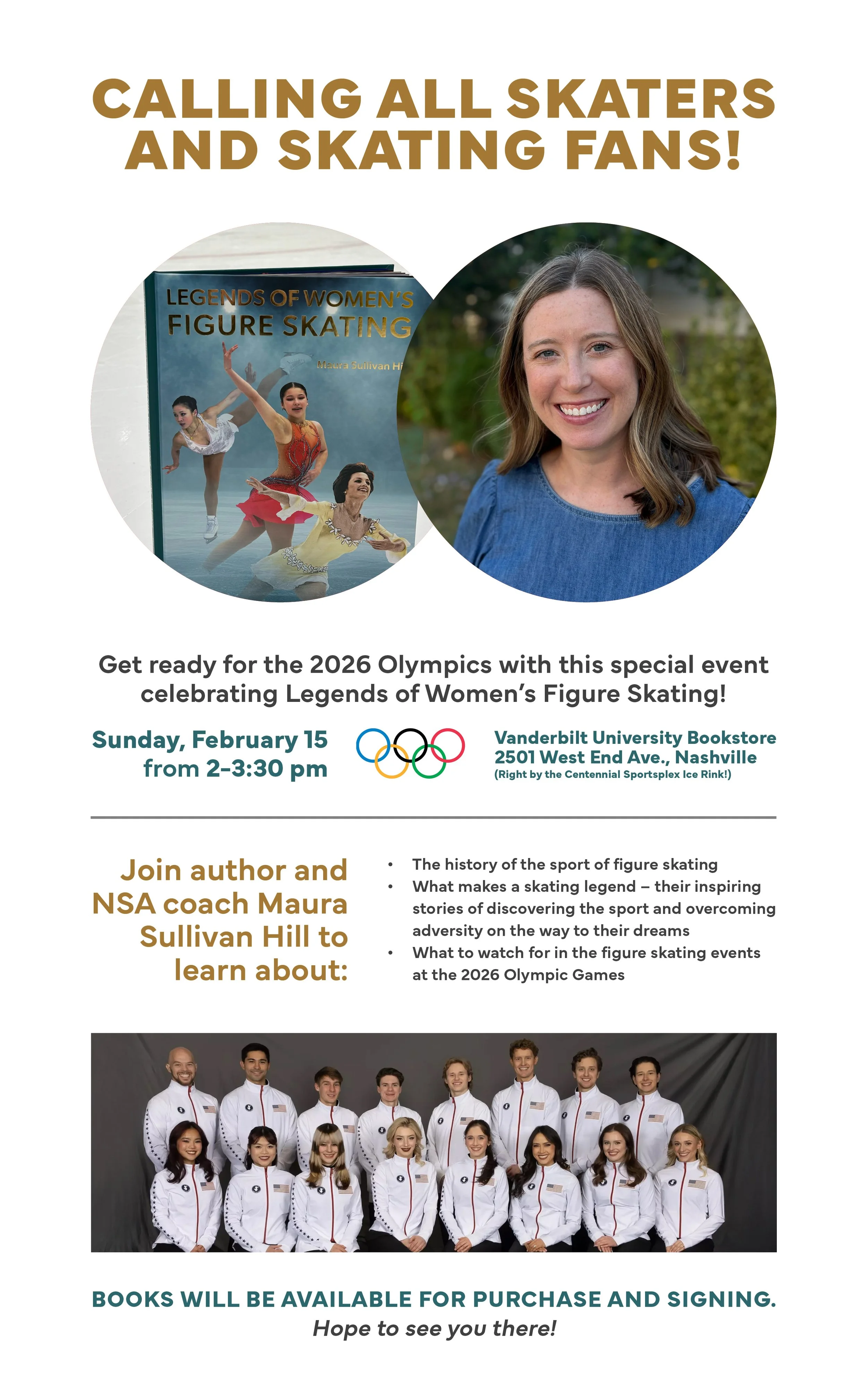 A flyer announcing an event discussing figure skating history and the Olympics,  with pictures of the book titled Legends of Women's Figure Skating and a girl with brown hair in a blue shirt.